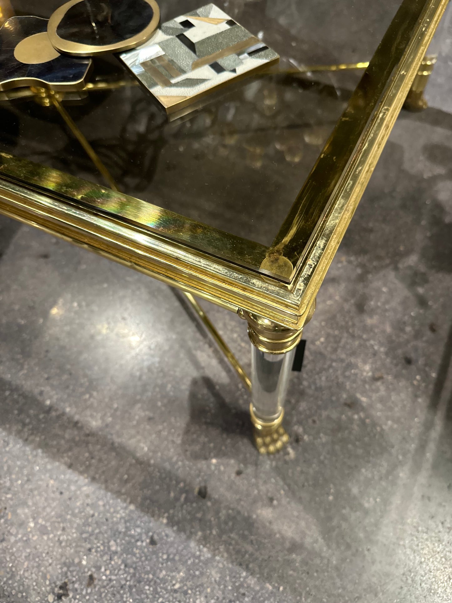 French Smoked Glass and Brass Coffee Table - Midcentury