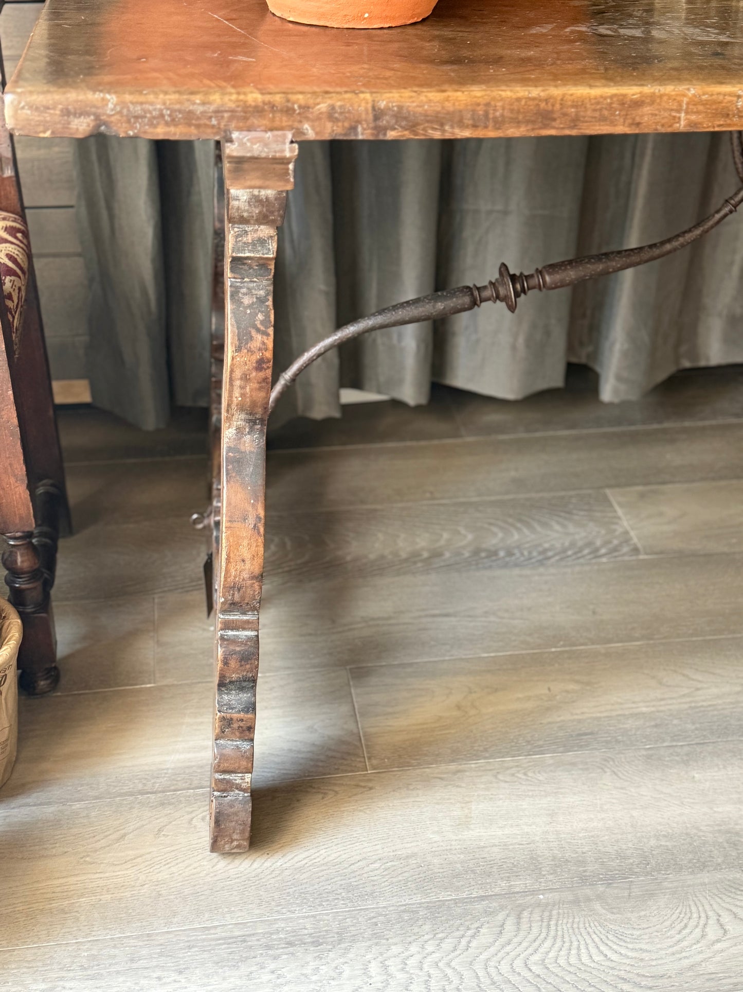 Italian Walnut Trestle Table With Iron Stretcher c1840