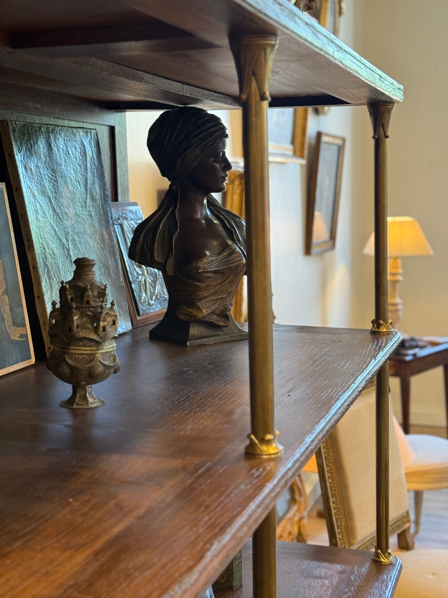 French Brass and Walnut Etagere