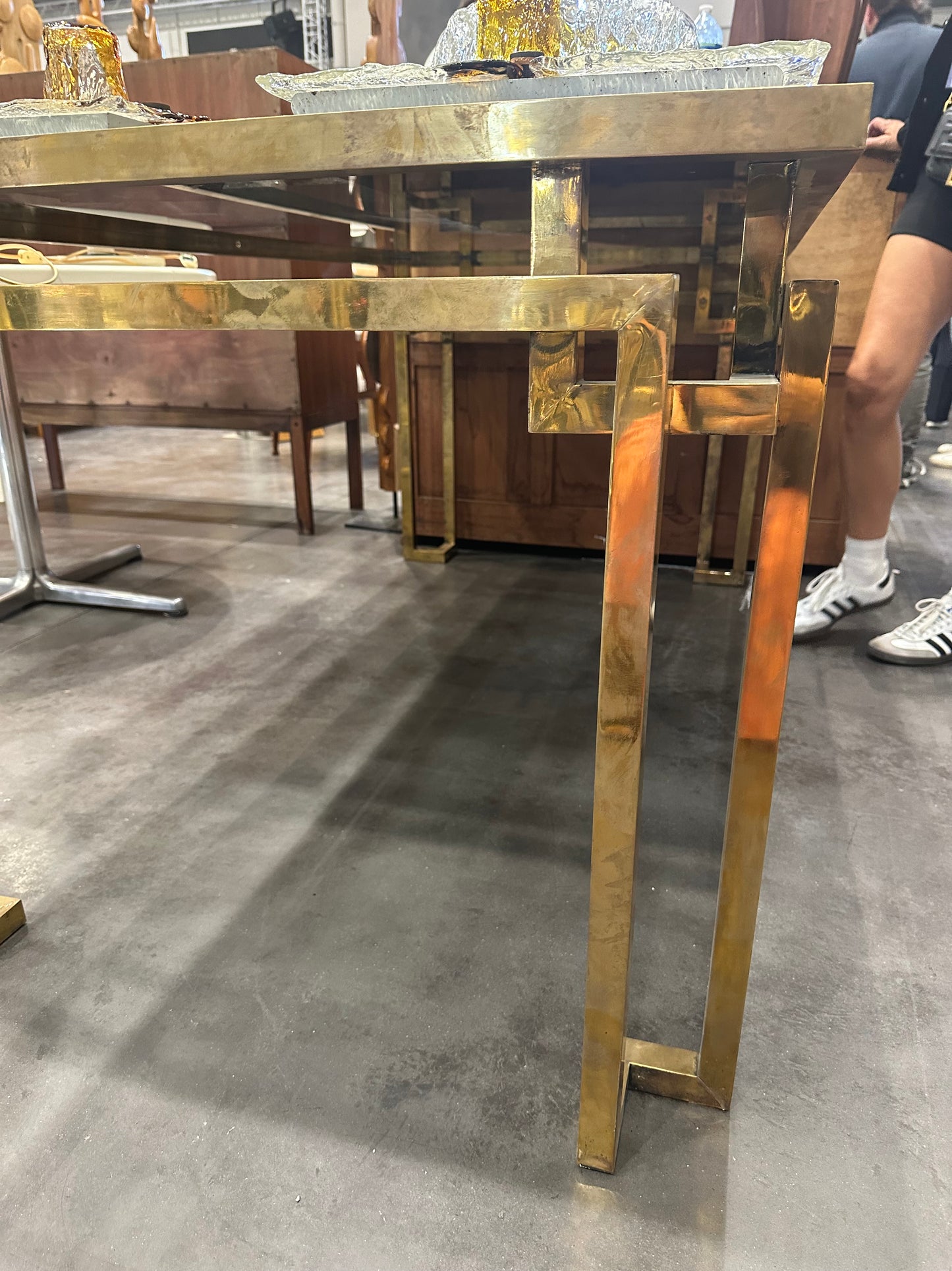 French Brass Dining Table With Black Top - Midcentury