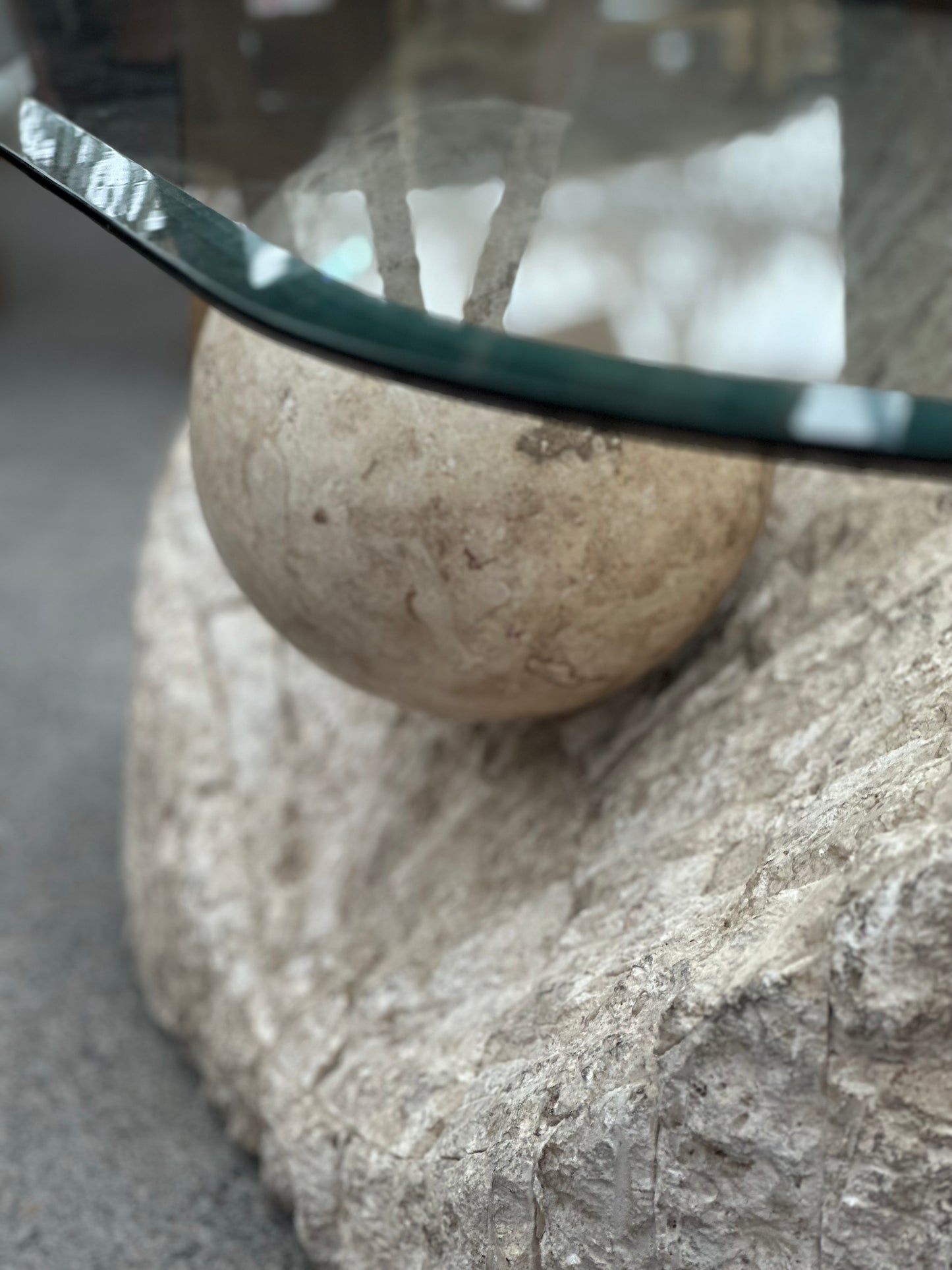 Stone Sculpture Glass Top Coffee Table - Midcentury