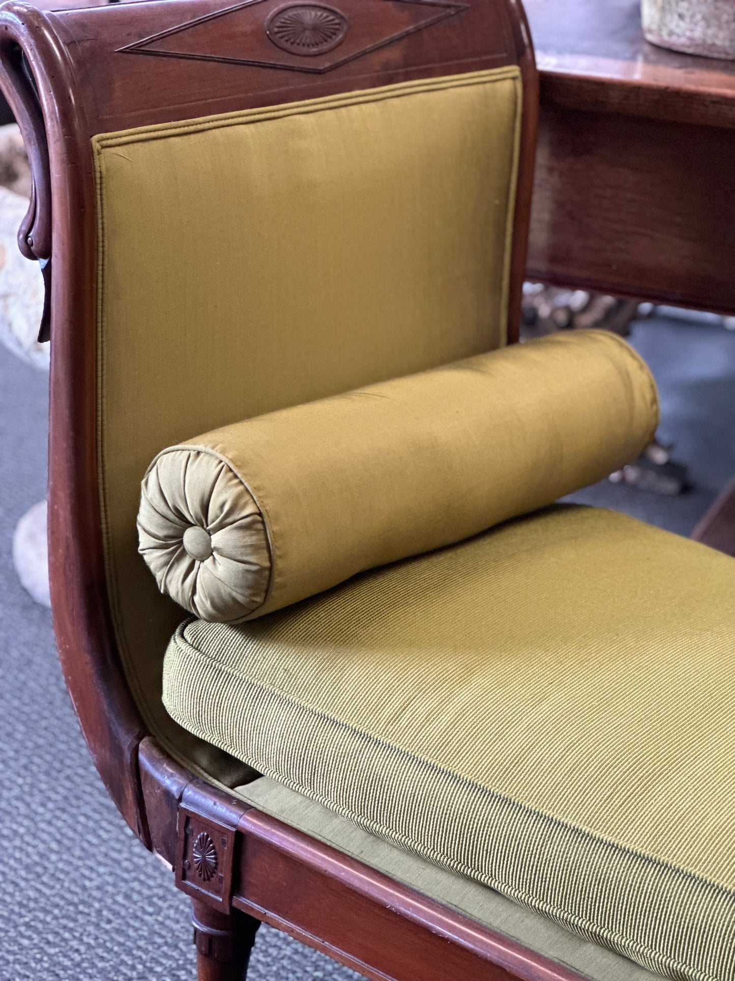 French Mahogany Recamier with Chartreuse Fabric c1820