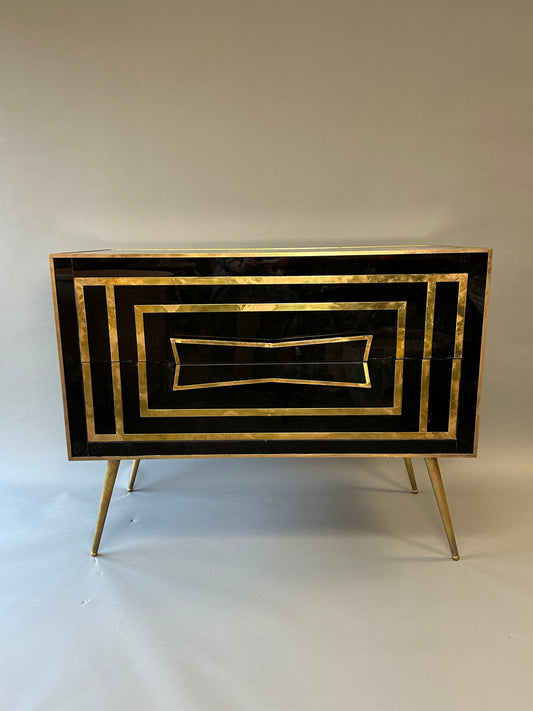 Italian Black Glass and Brass Midcentury Cabinet - EACH