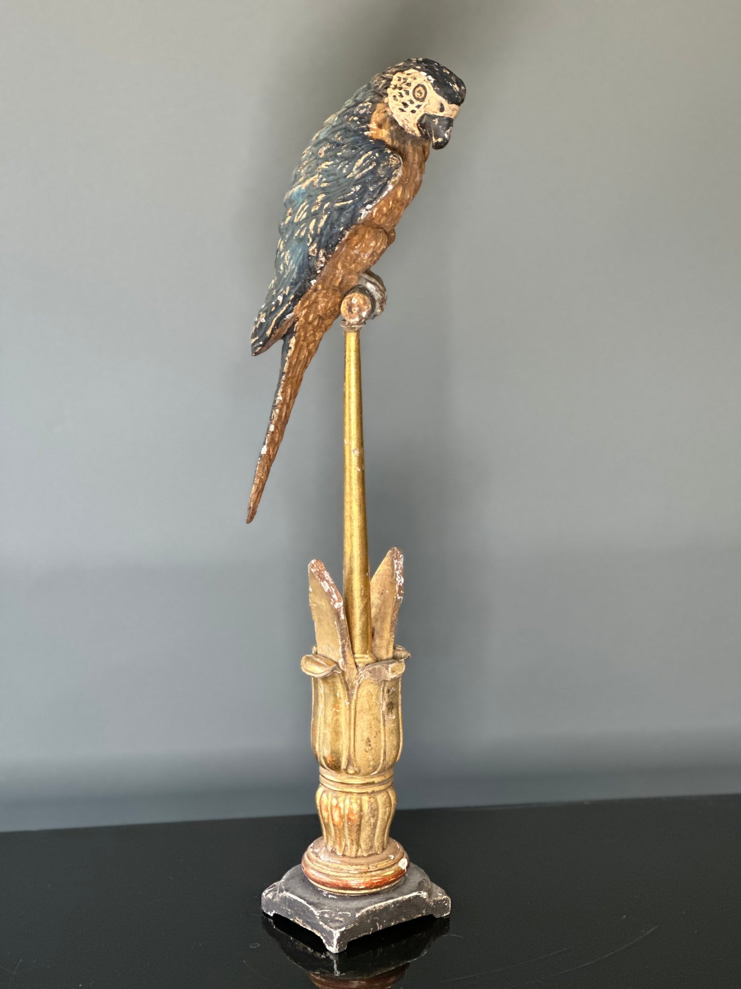 Italian Carved Parrot On Tulip Fragment Stand
