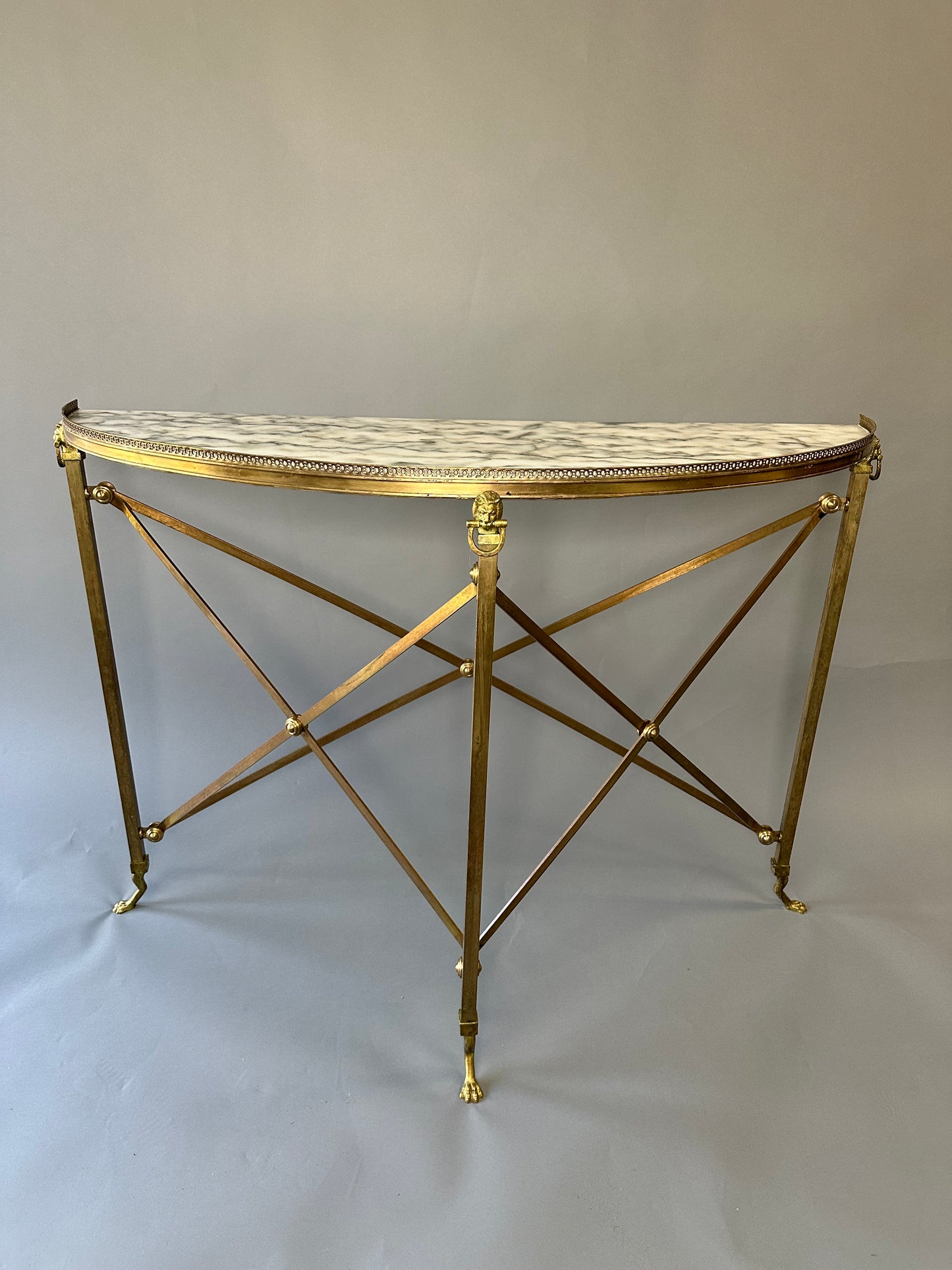 SOLD **Spanish Marble and Brass Lion Demi-Lune Console Tables