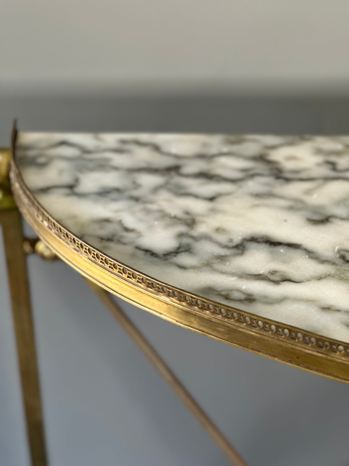 SOLD **Spanish Marble and Brass Lion Demi-Lune Console Tables