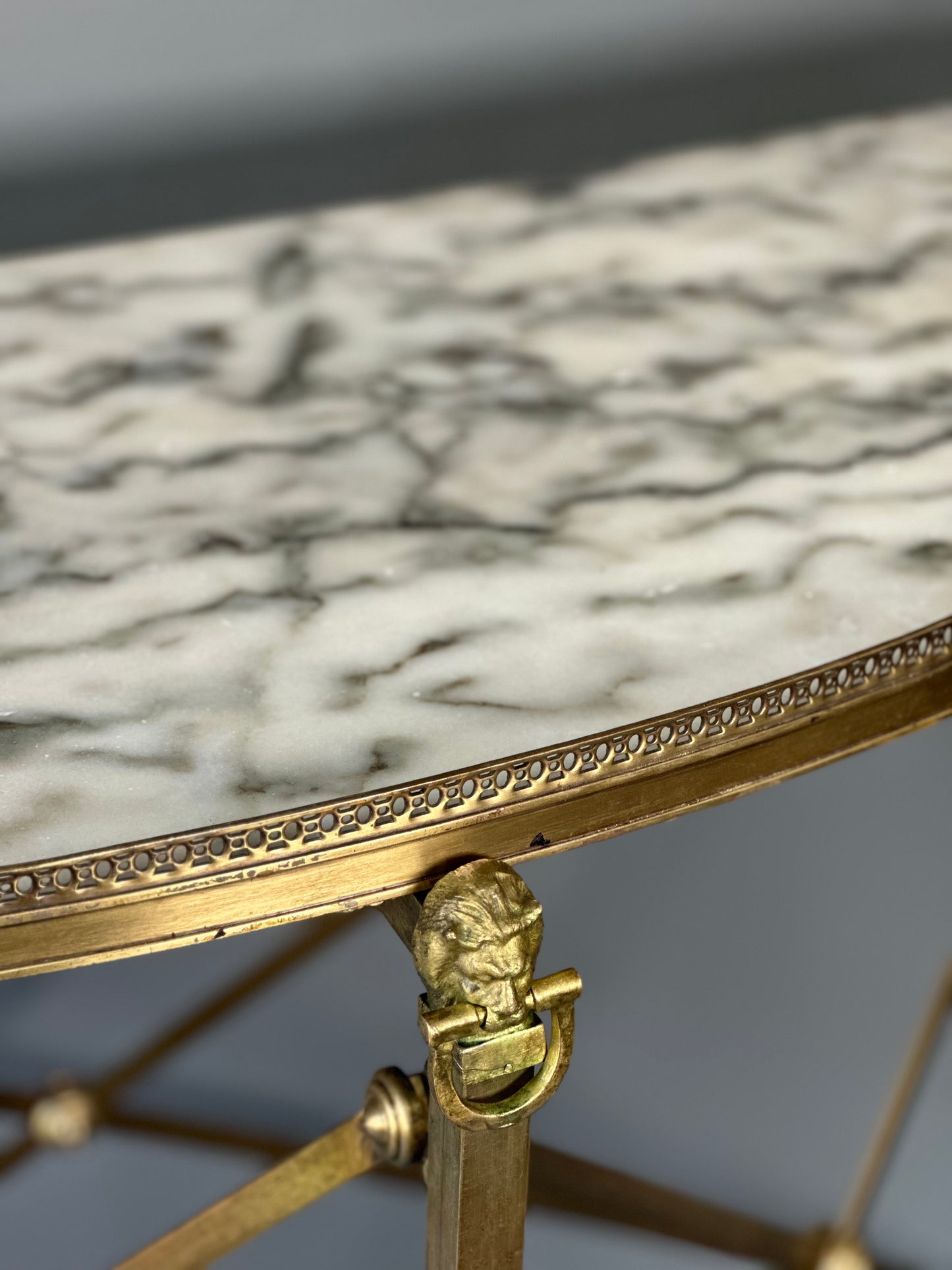 SOLD **Spanish Marble and Brass Lion Demi-Lune Console Tables