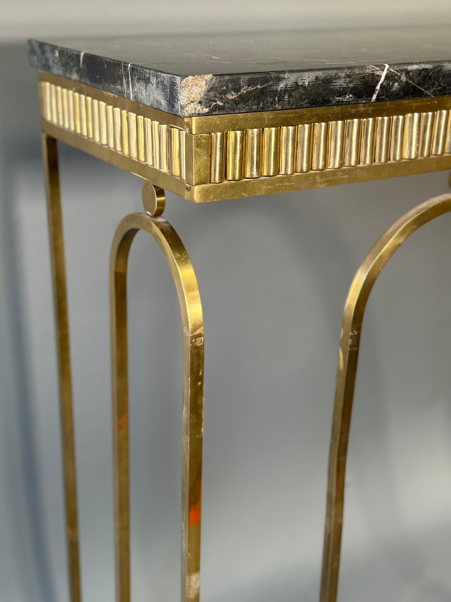 SOLD ** Brass and Black Marble Console - Midcentury Barcelona