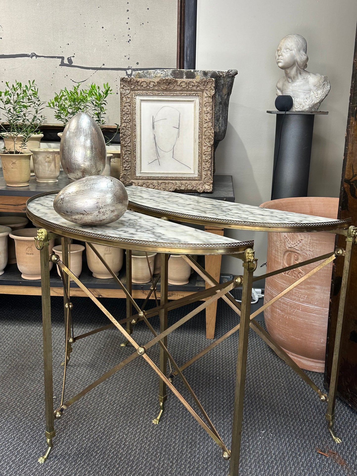SOLD **Spanish Marble and Brass Lion Demi-Lune Console Tables