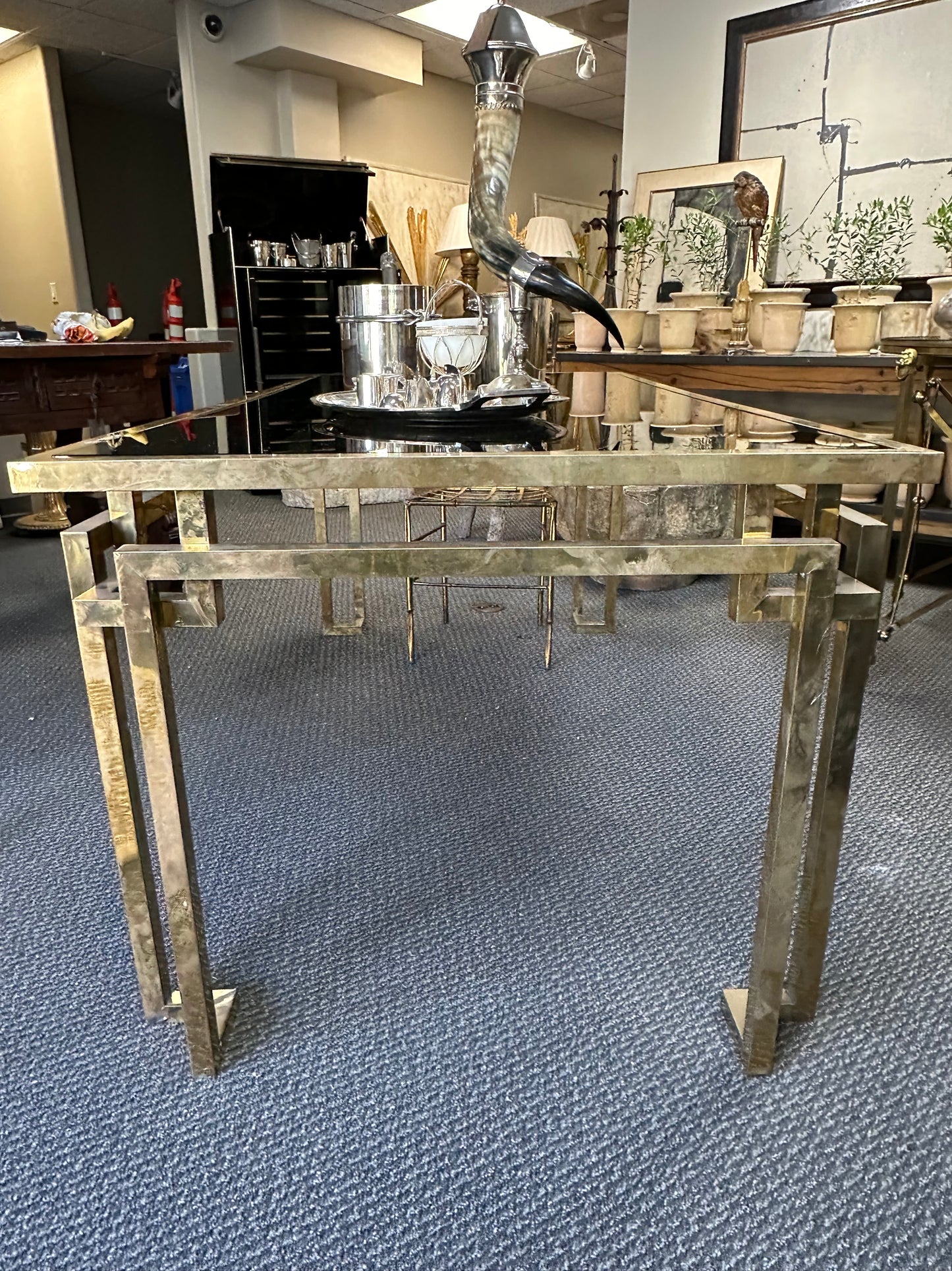 French Brass Dining Table With Black Top - Midcentury