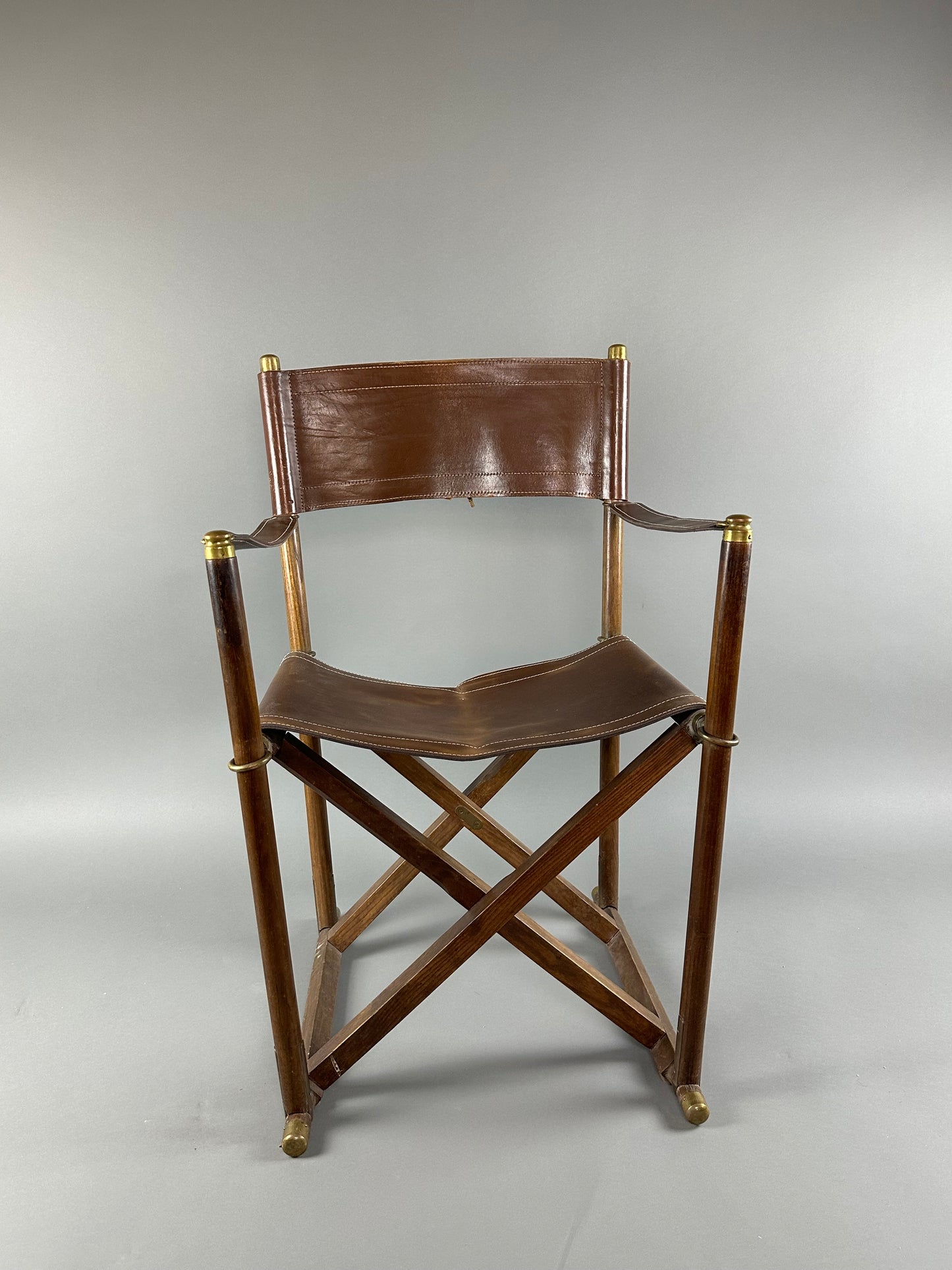 French Folding Leather Chair With Brass Accents c1860