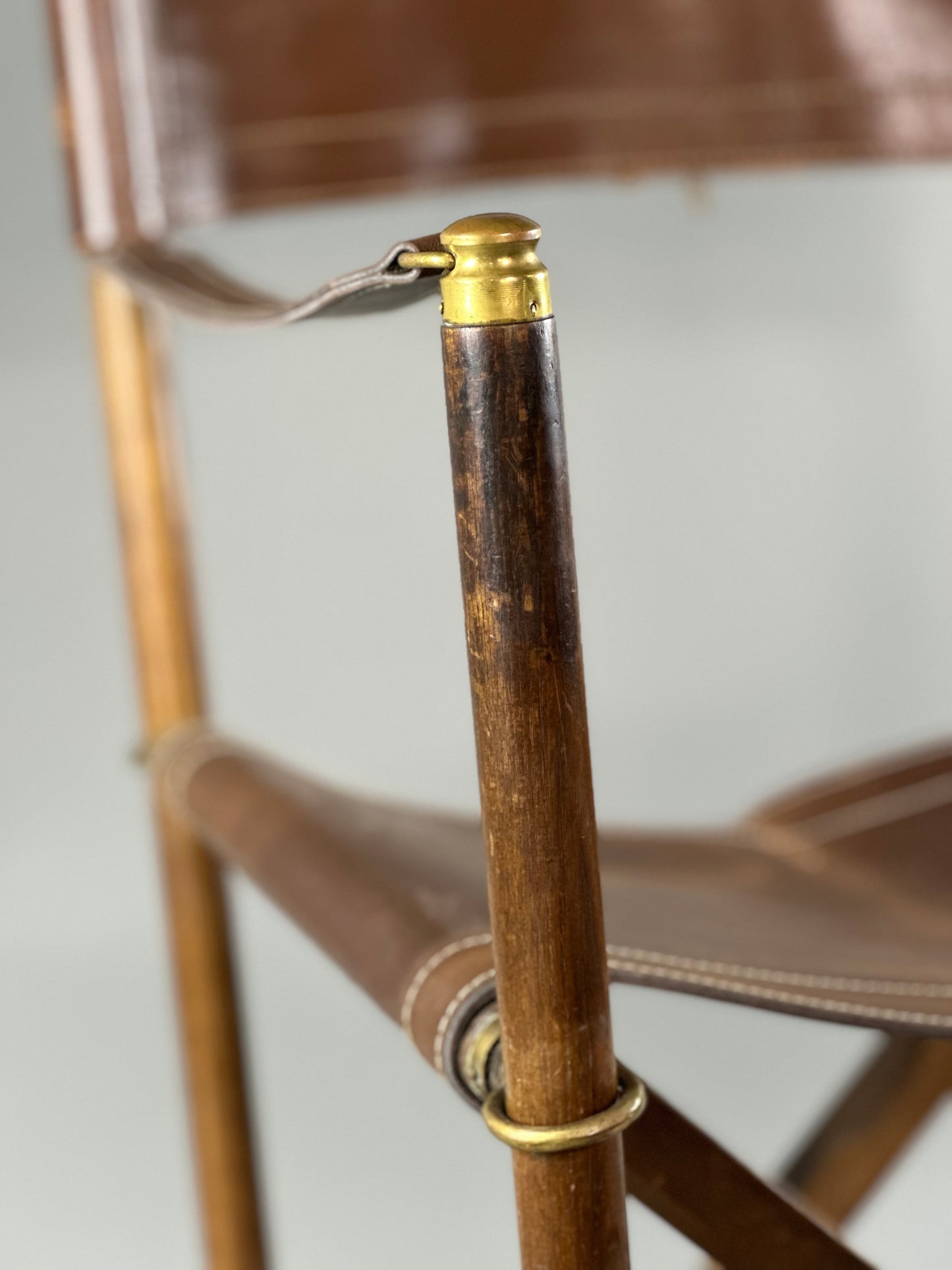 French Folding Leather Chair With Brass Accents c1860