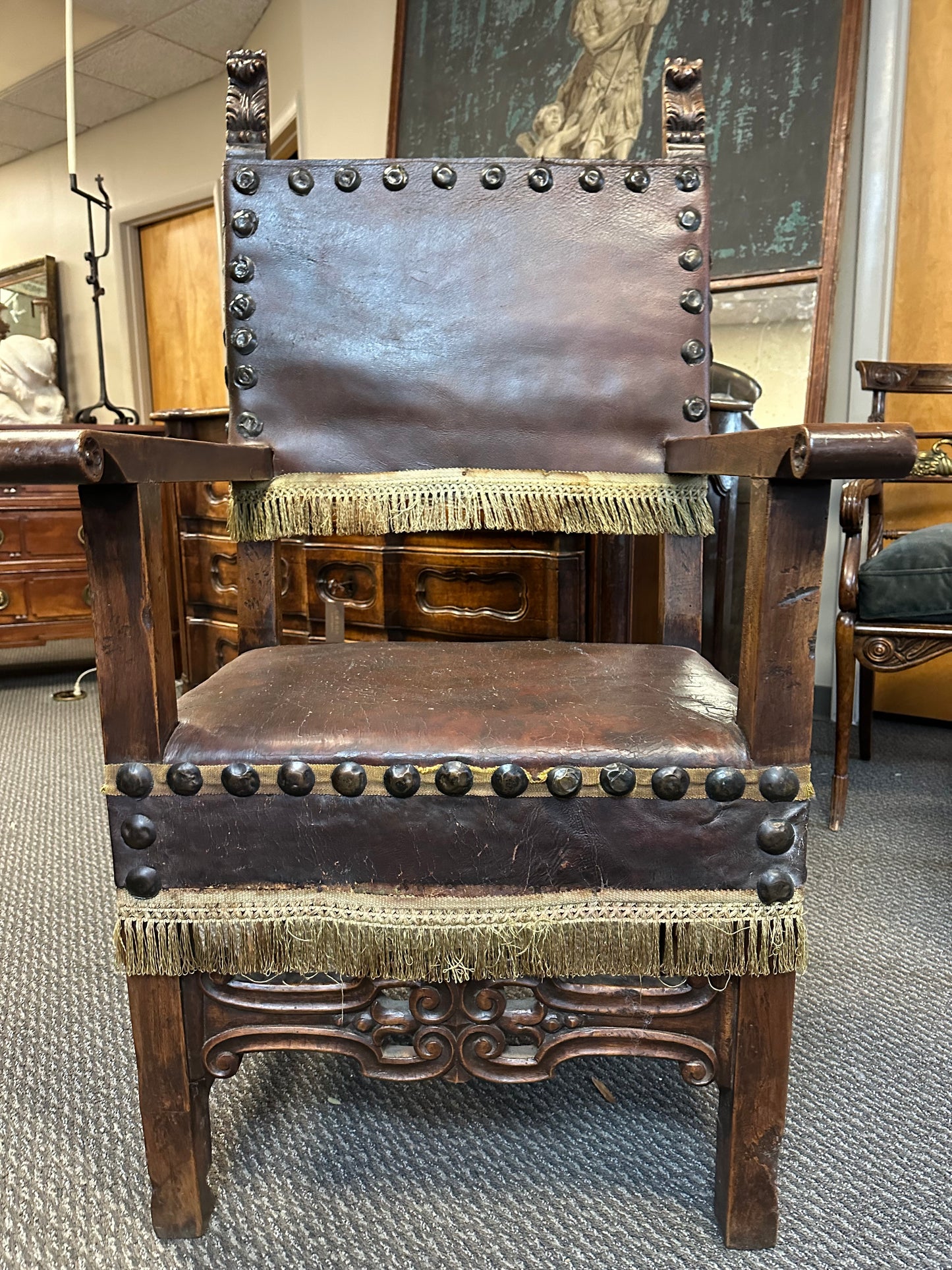 Italian Leather Chair with Fringe - 18th Century