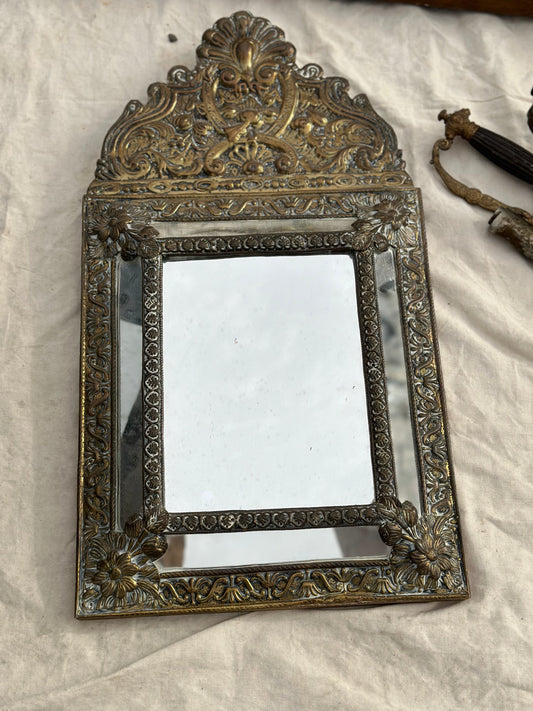Hammered Brass French Small Mirror -c1850