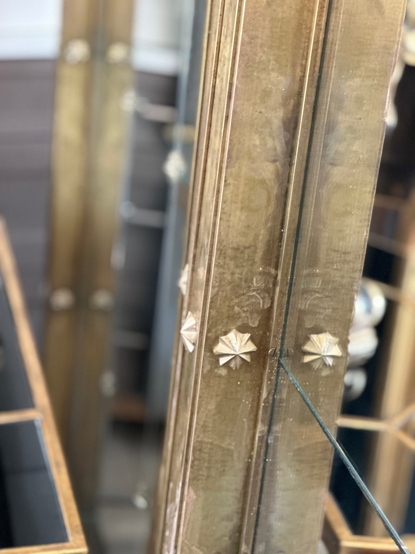 SOLD **Barcelona Midcentury Brass Studded Mirror - Large Rectangle