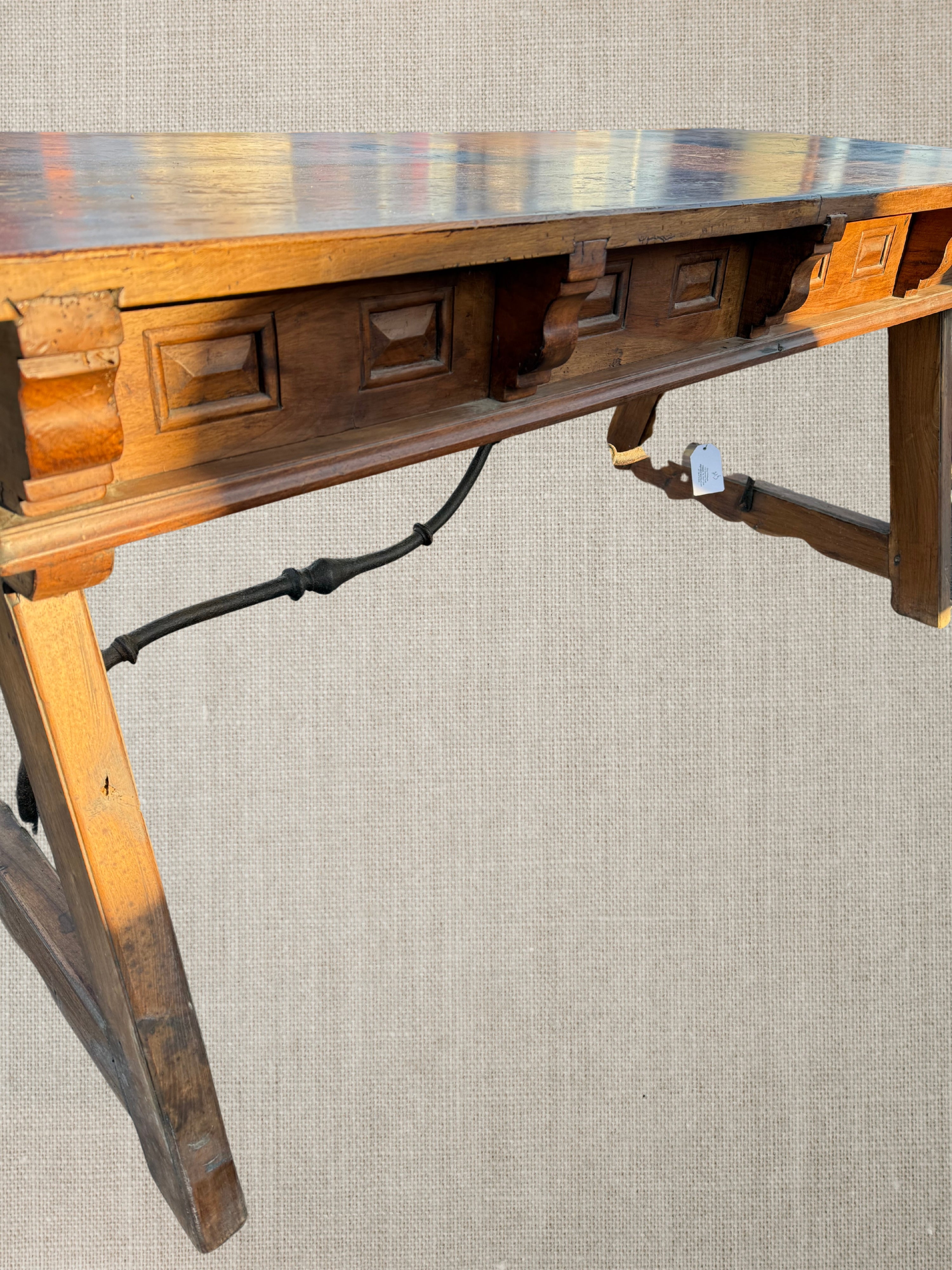 18th Century French Walnut Table With Hand Wrought Iron Stretcher