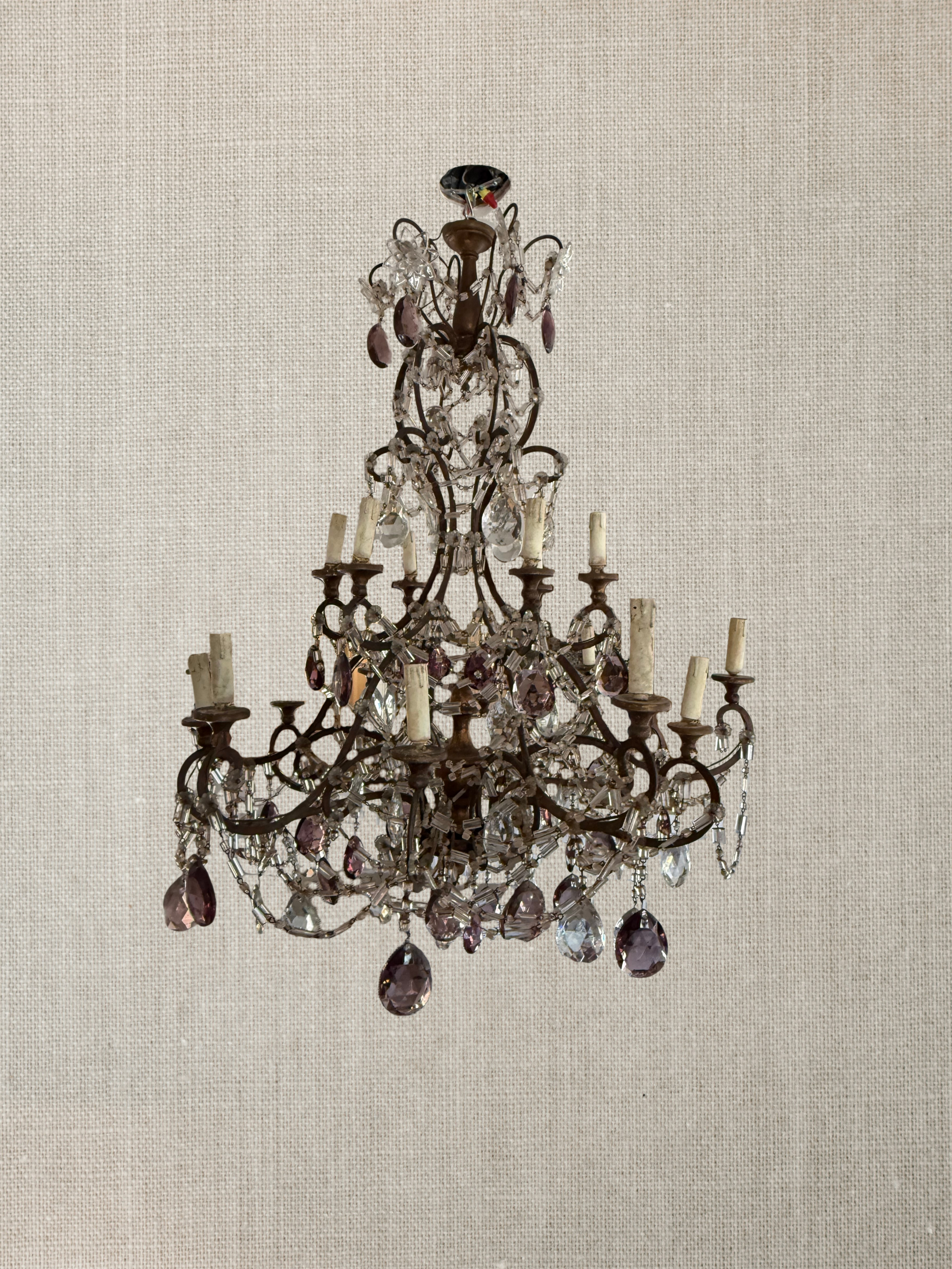19th Century Tuscan Iron & Wood Gilt Chandelier  - Amethyst Crystals