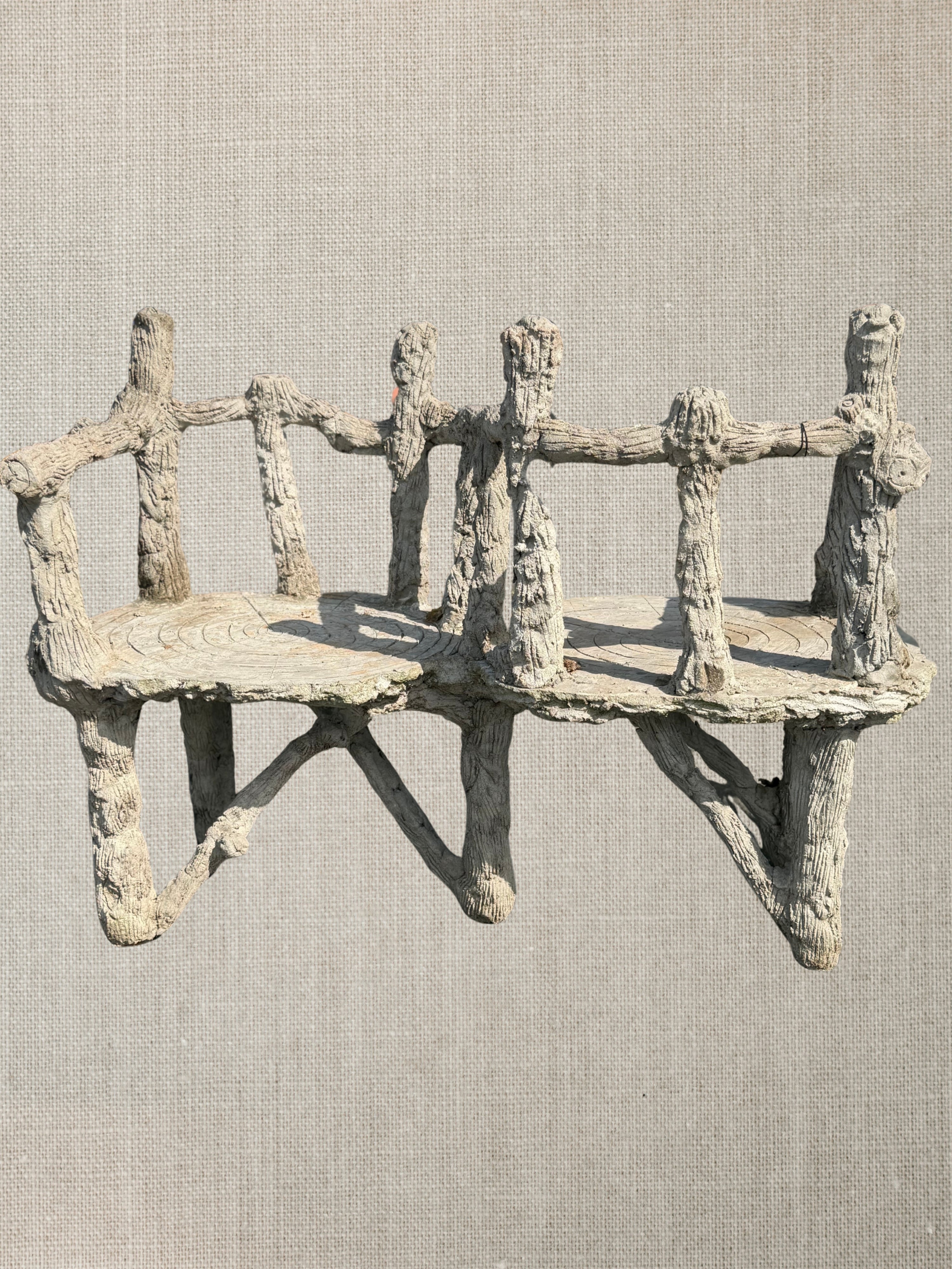 French Faux Bois Concrete Tete-a-Tete Garden Bench - Midcentury