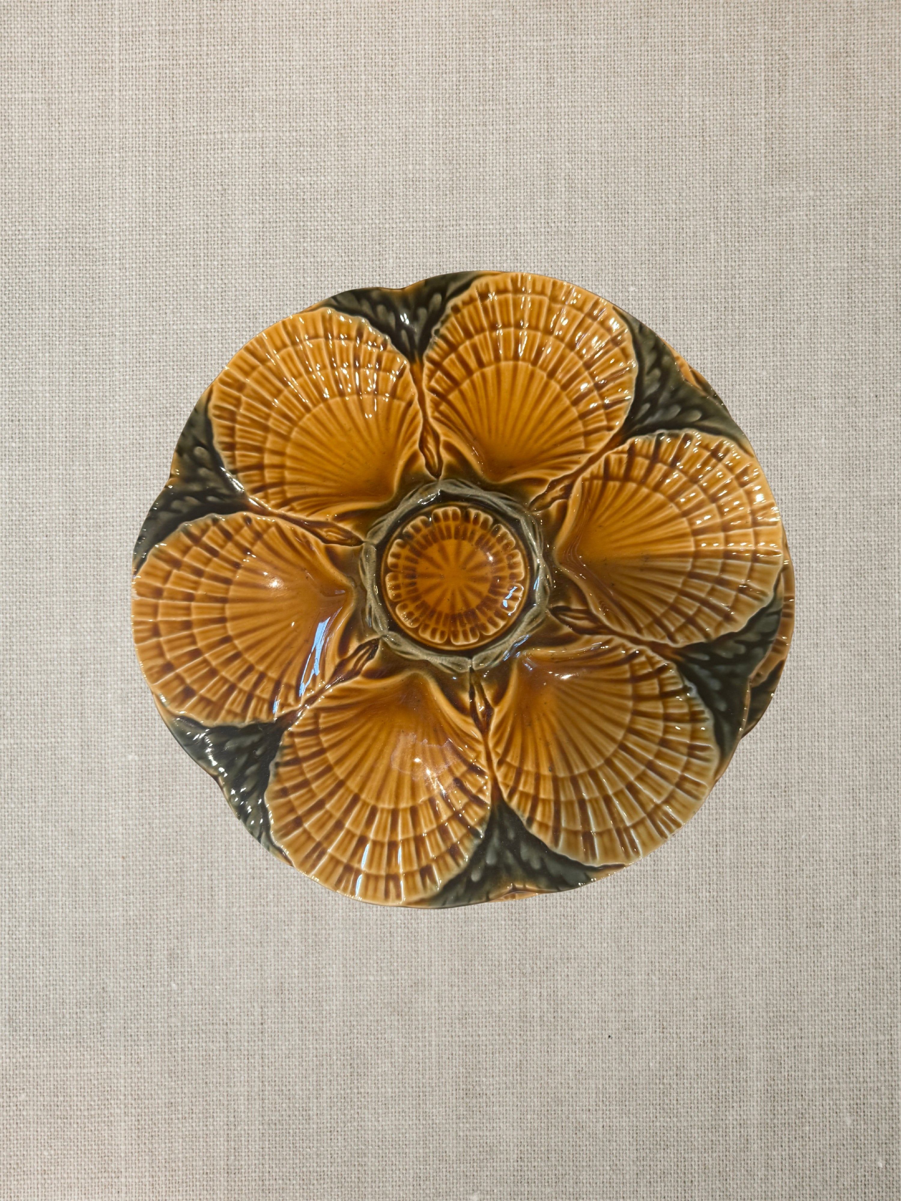 French Sarreguemines Oyster Plates - Golden Moss