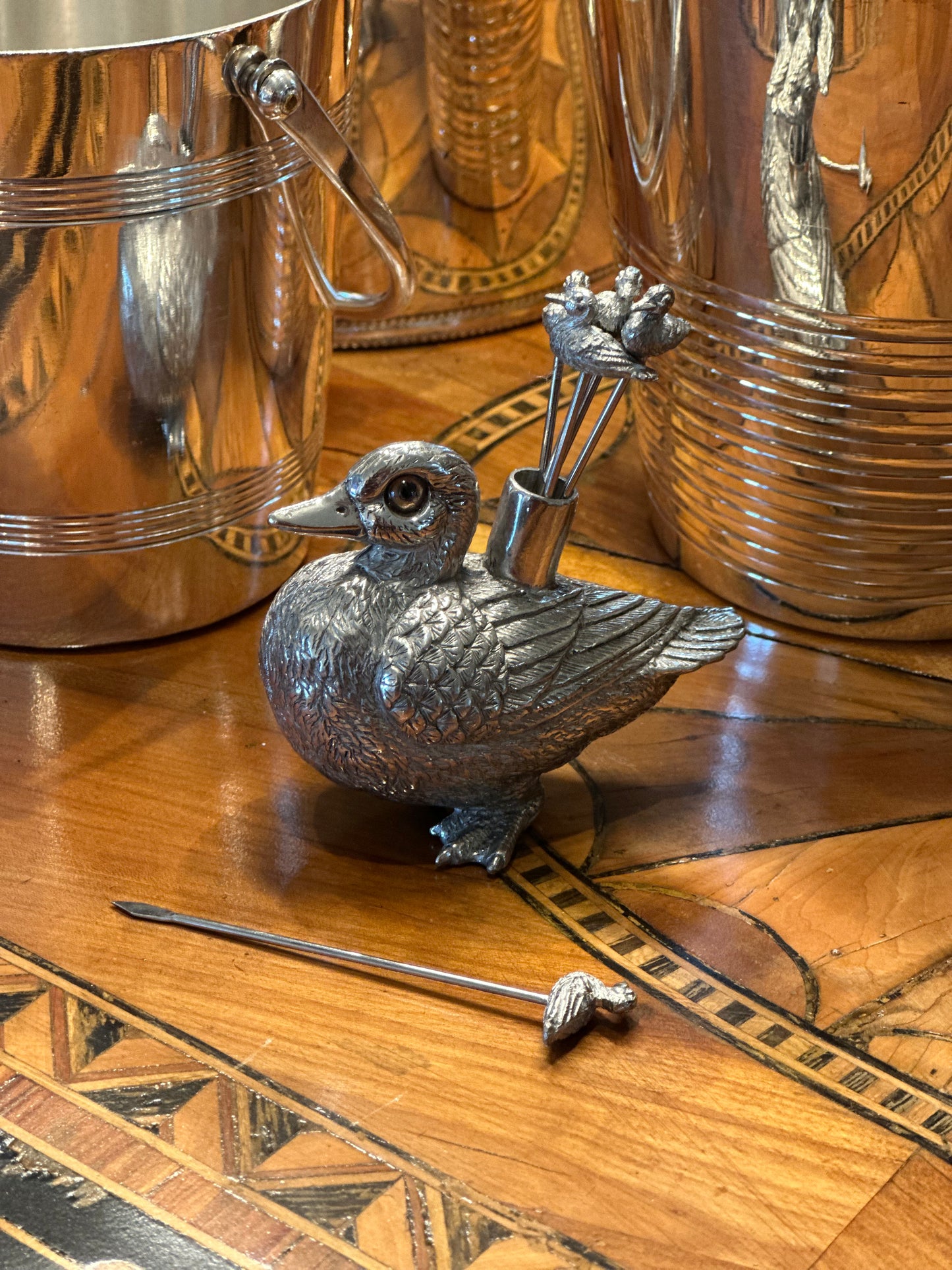 French Pewter Duck With 6 Picks