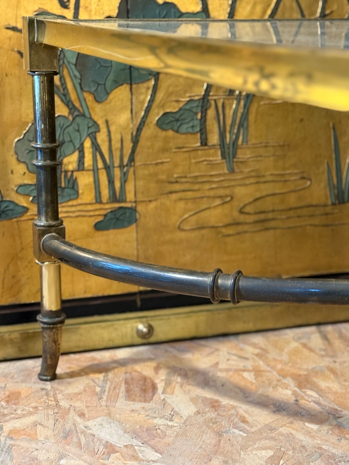 Brass And Iron Glass Top Coffee Table  - Midcentury