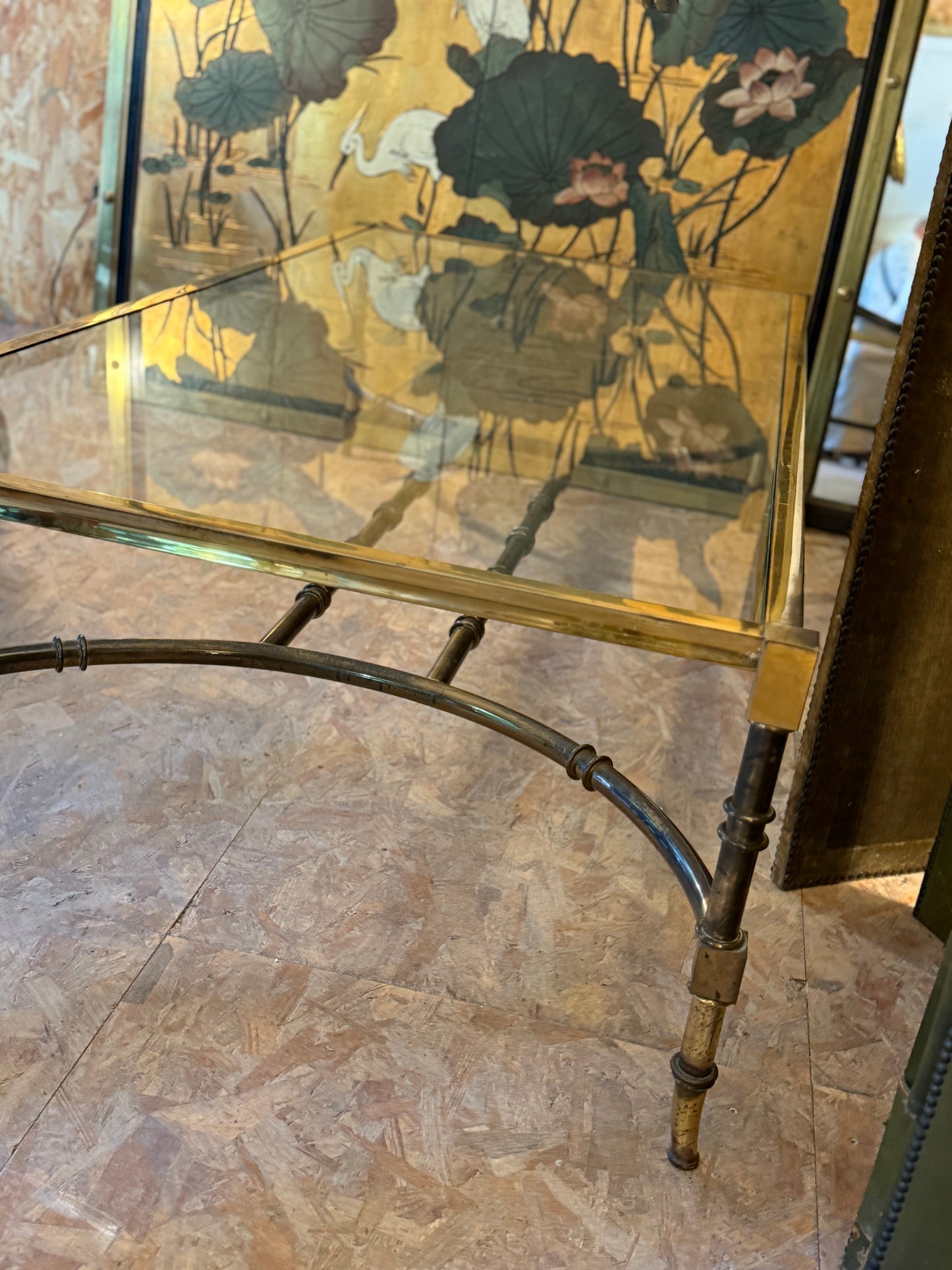 Brass And Iron Glass Top Coffee Table  - Midcentury