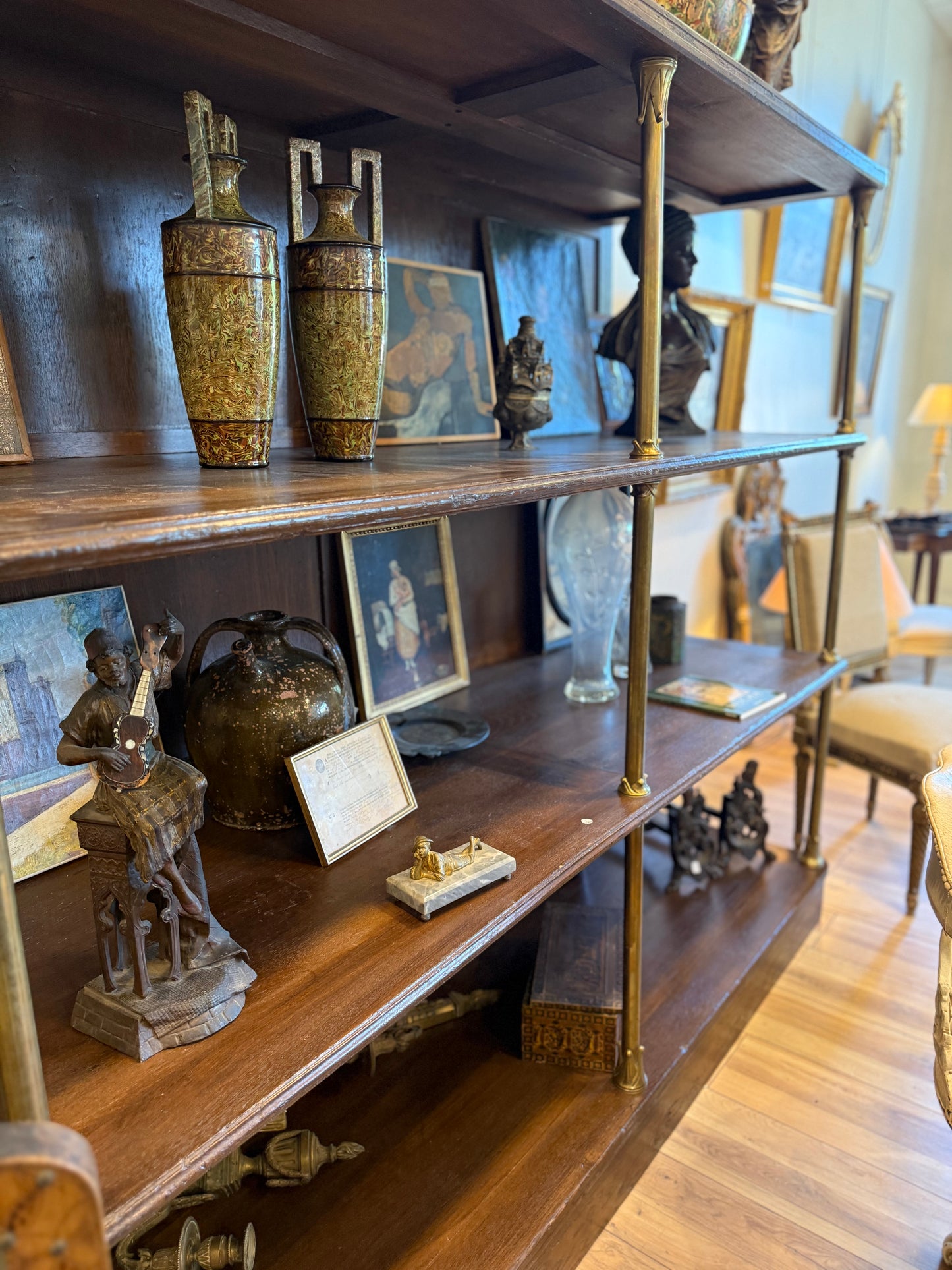 French Brass and Walnut Etagere