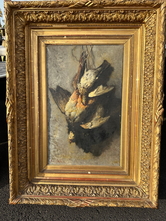 19th Century Frame With Fowl Oil Painting