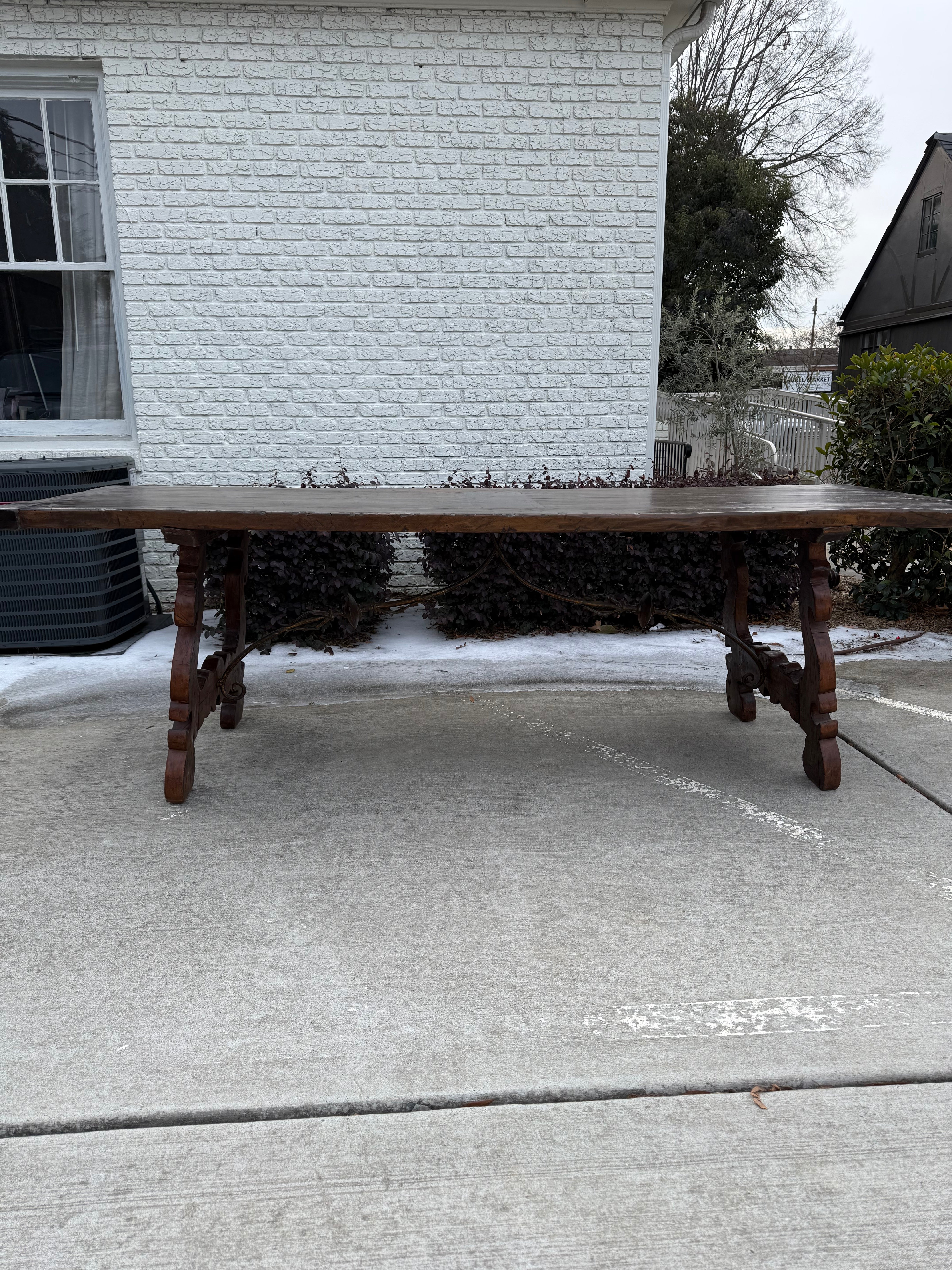 French Walnut Refectory Table With Iron Work Stretcher- 19th Century