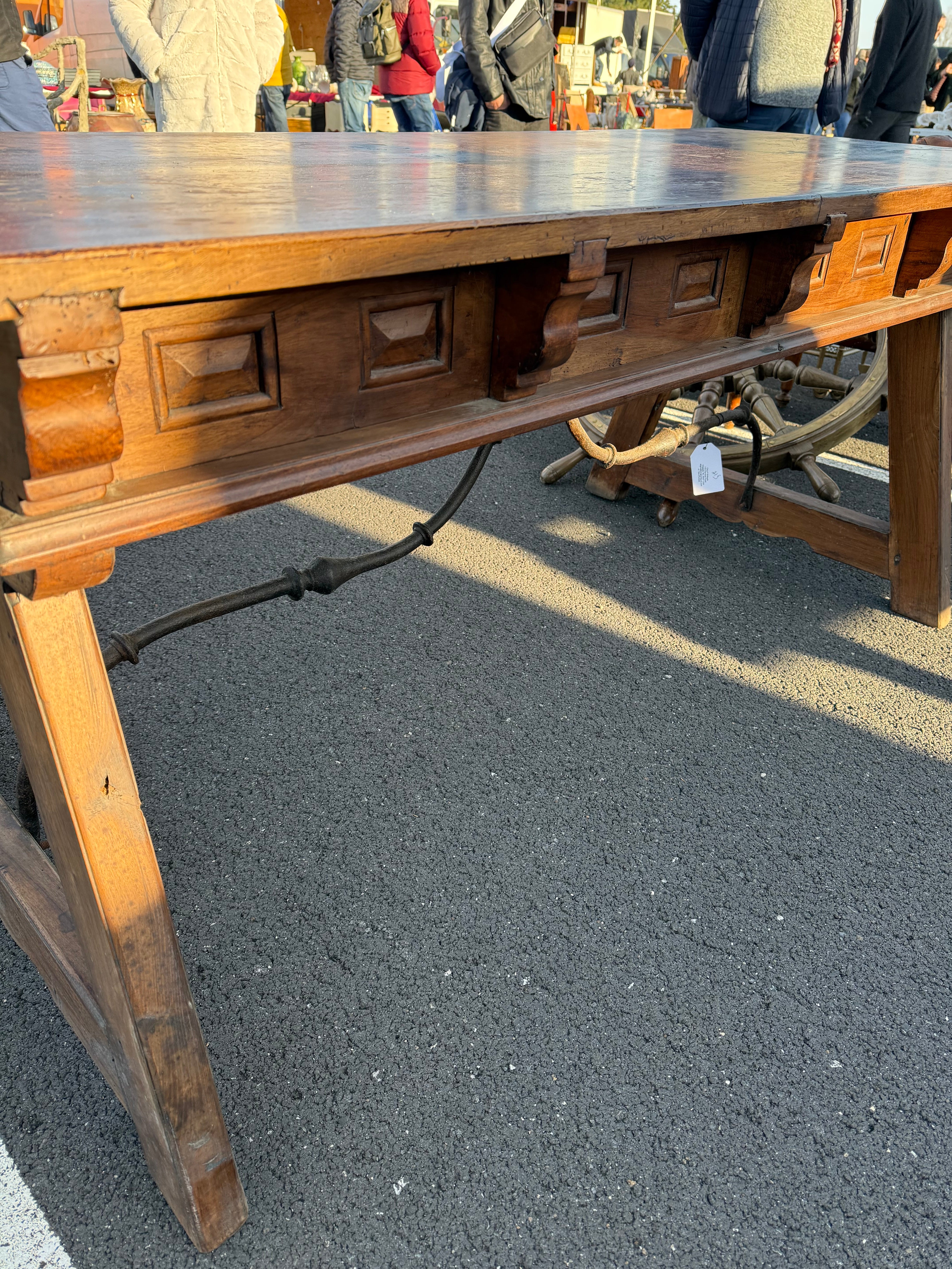 18th Century French Walnut Table With Hand Wrought Iron Stretcher