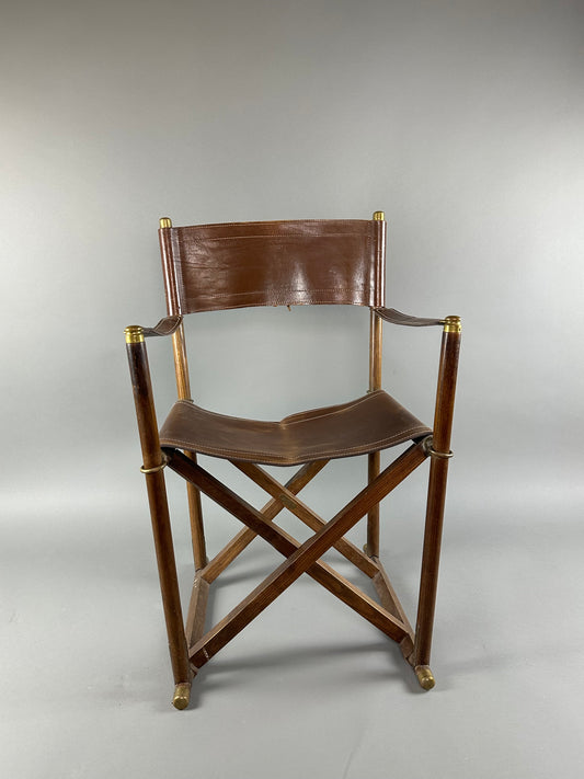 French Folding Leather Chair With Brass Accents c1860