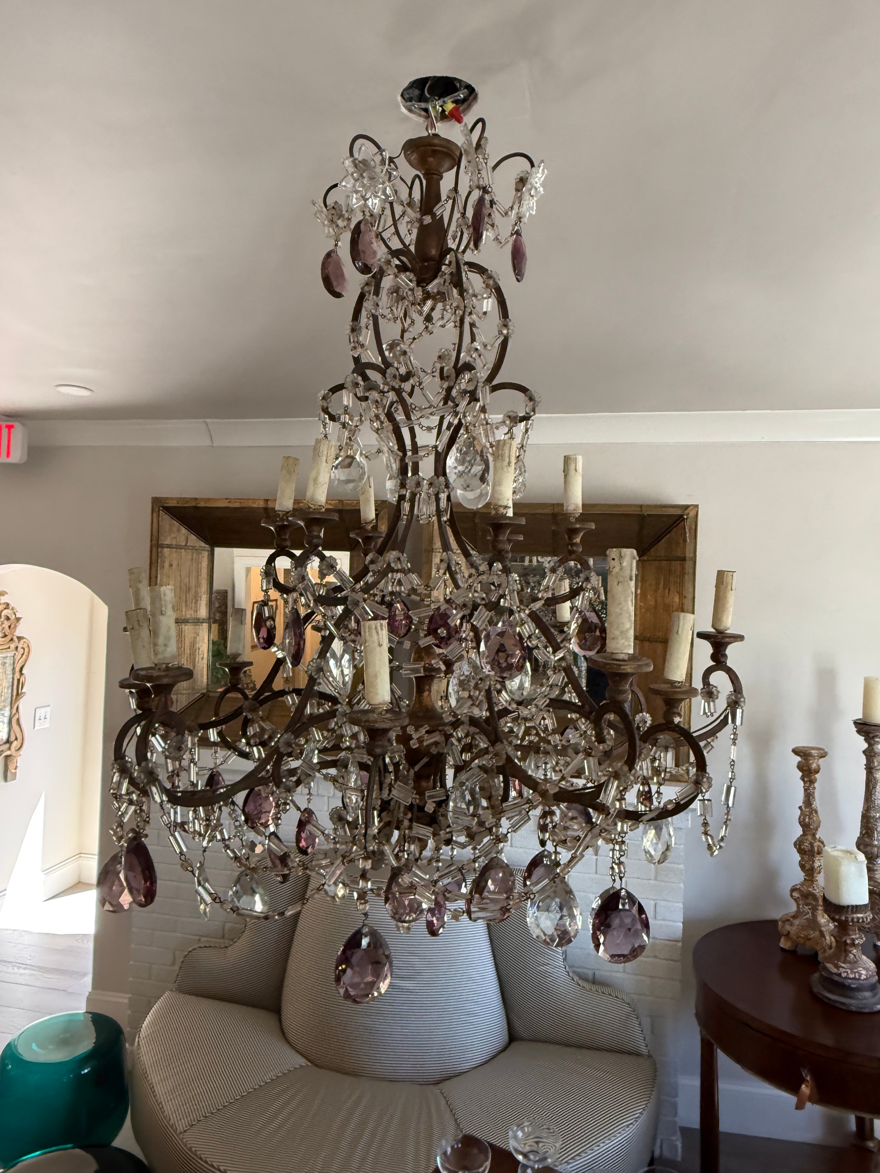 19th Century Tuscan Iron & Wood Gilt Chandelier  - Amethyst Crystals