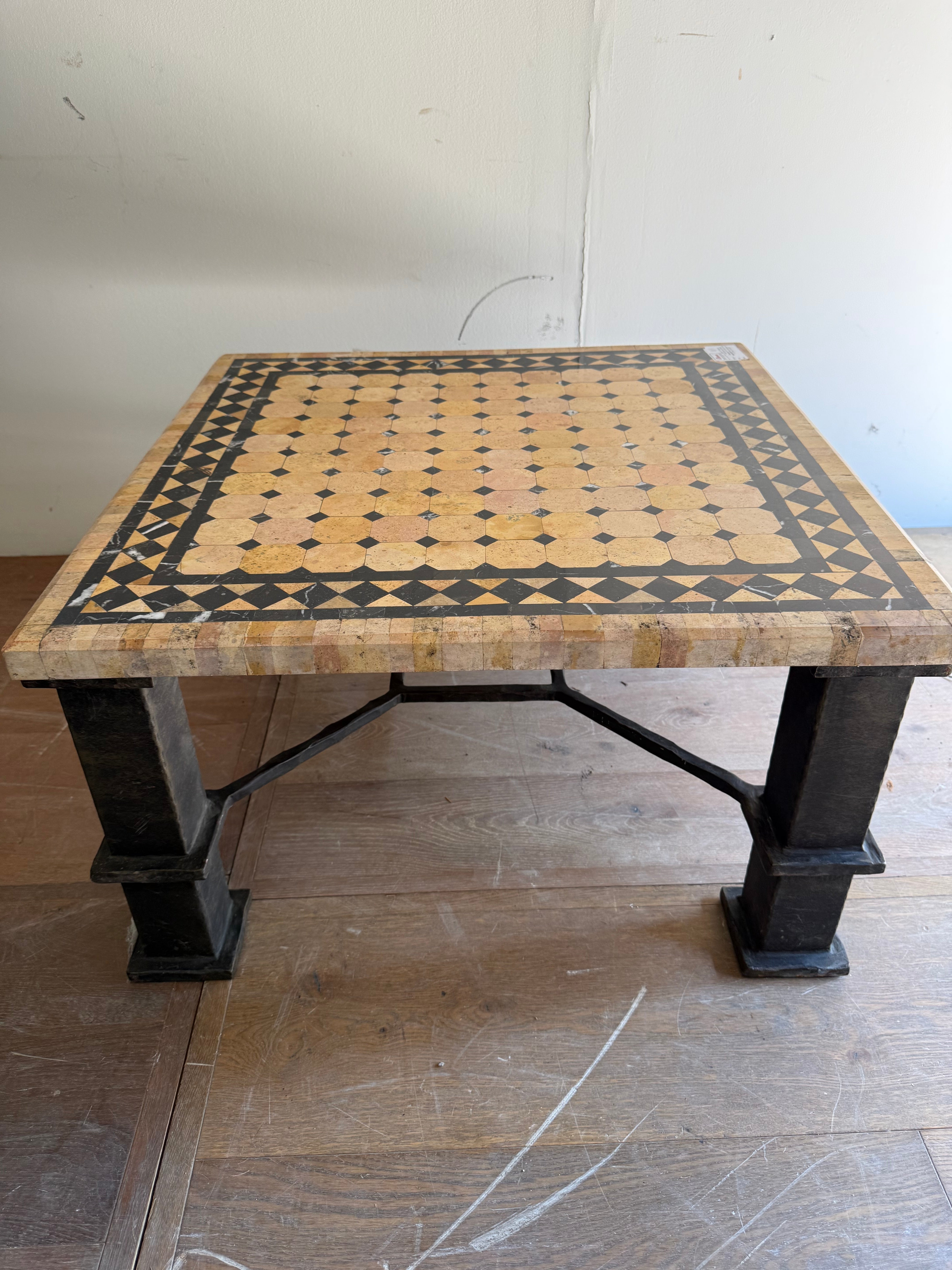 Pair Of Italian Marble Inlaid Iron Coffee Tables - Midcentury