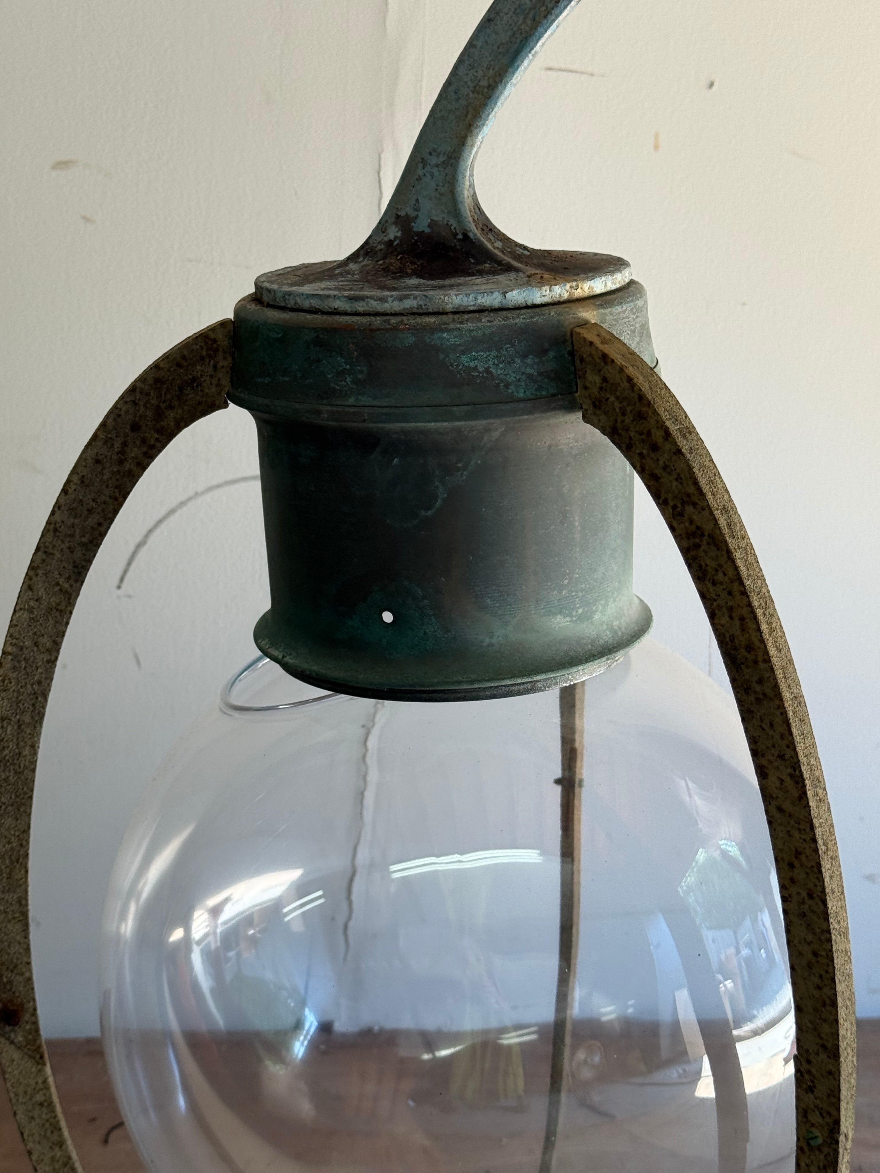 French Rounded Glass Copper Wall Lantern - Midcentury
