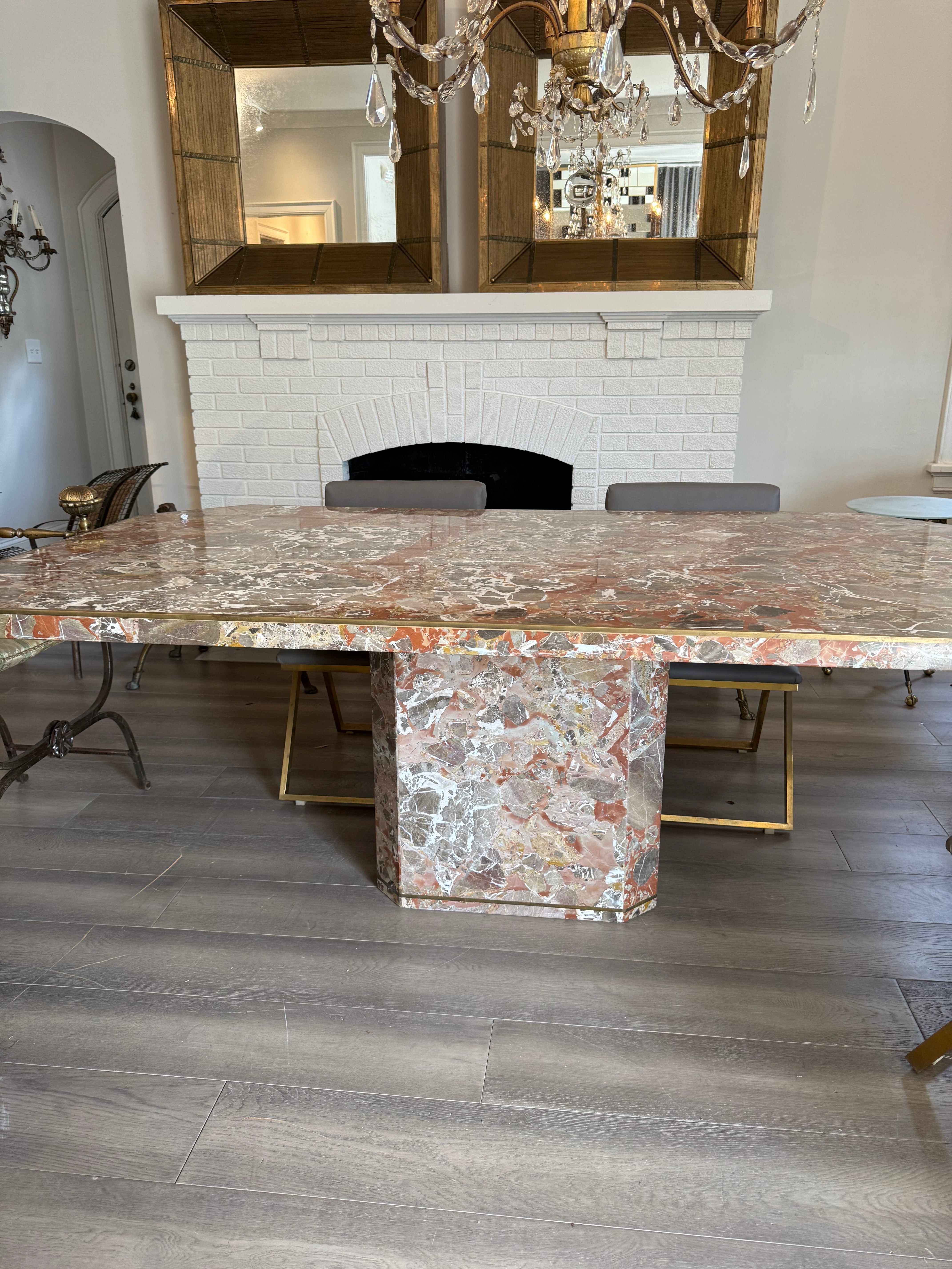 Rare Marble Italian Dining Table With Brass Inlay - Midcentury