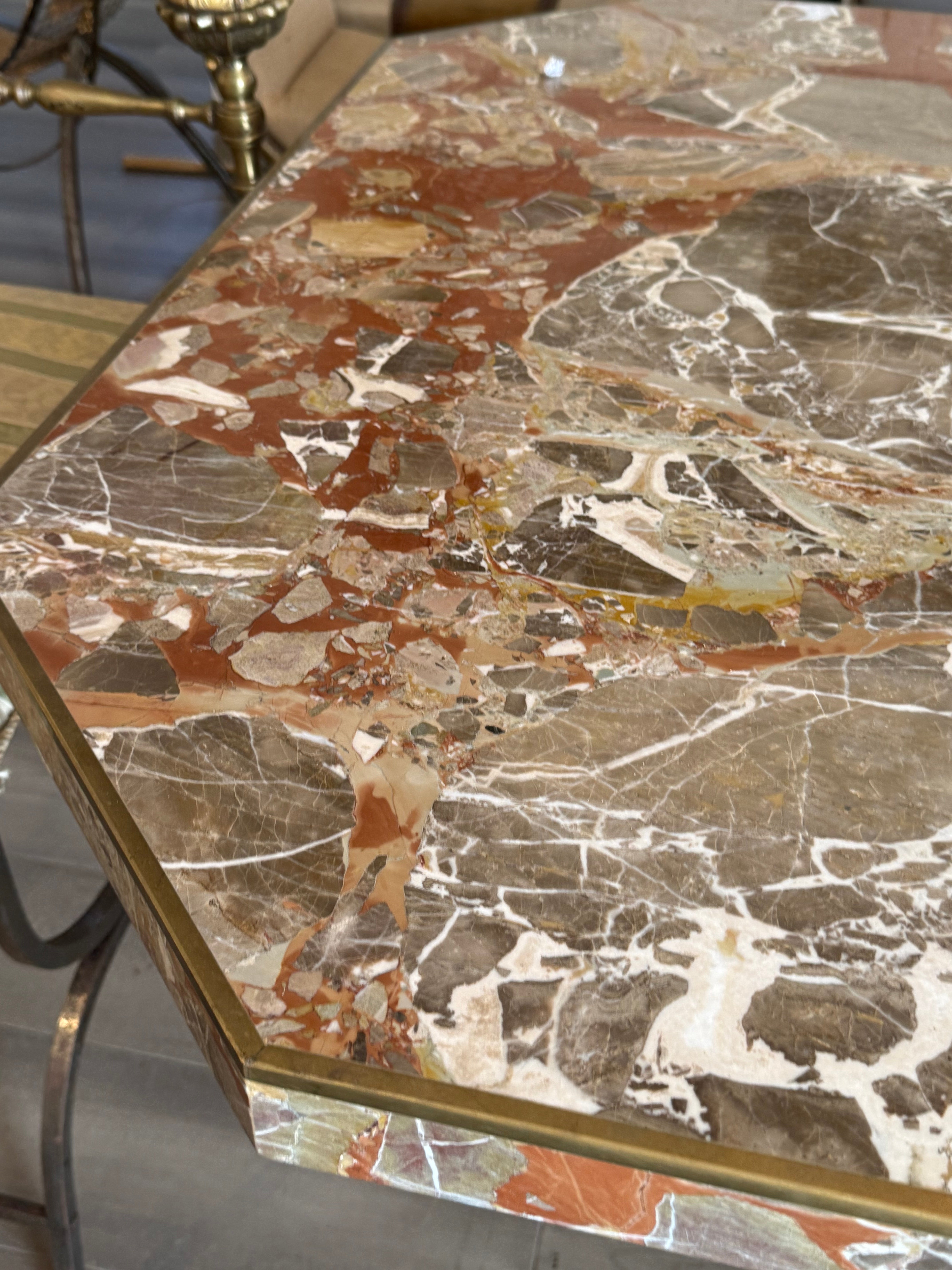 Rare Marble Italian Dining Table With Brass Inlay - Midcentury