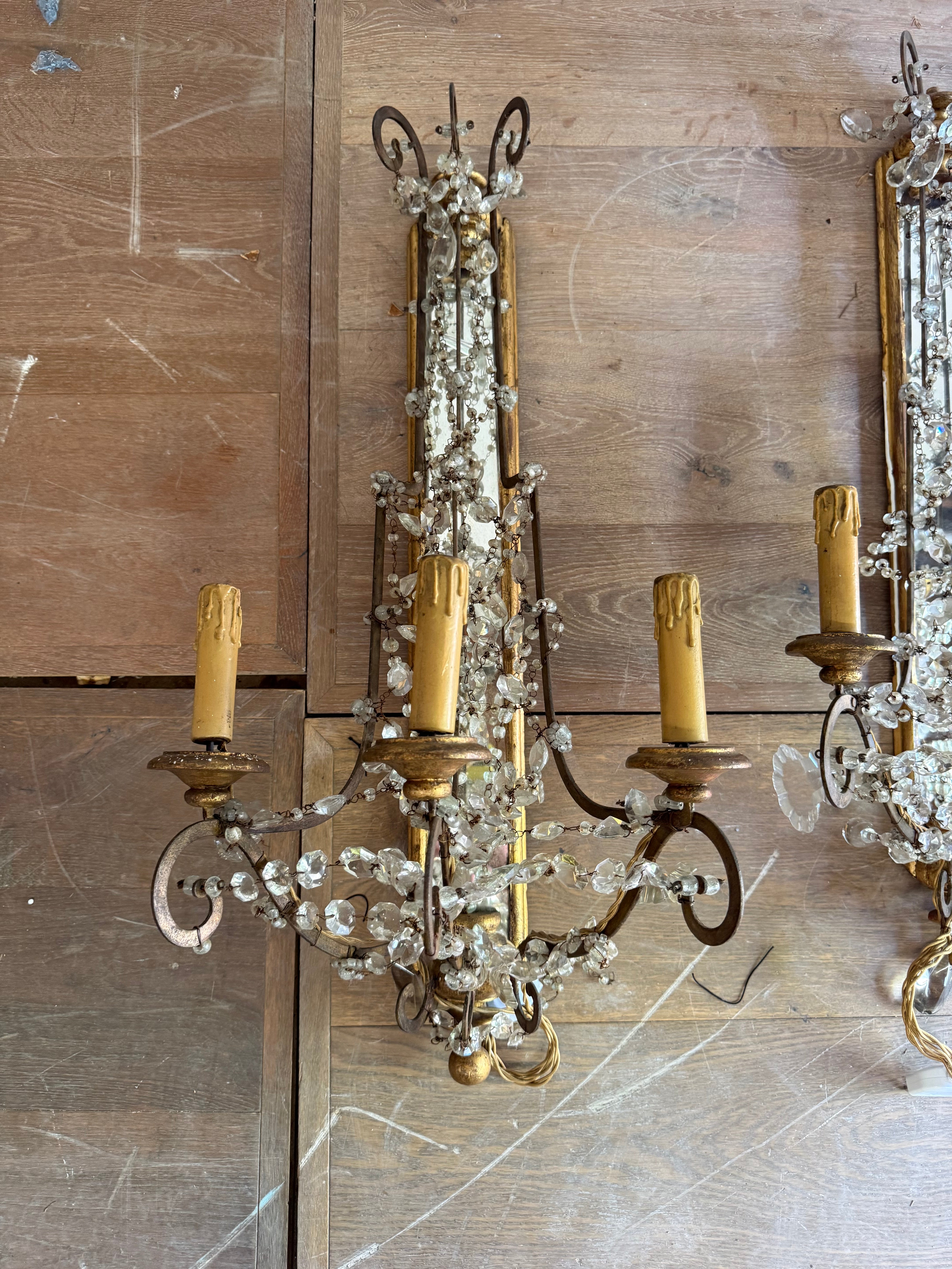 Italian Crystal & Gilt Wood Sconces c1860