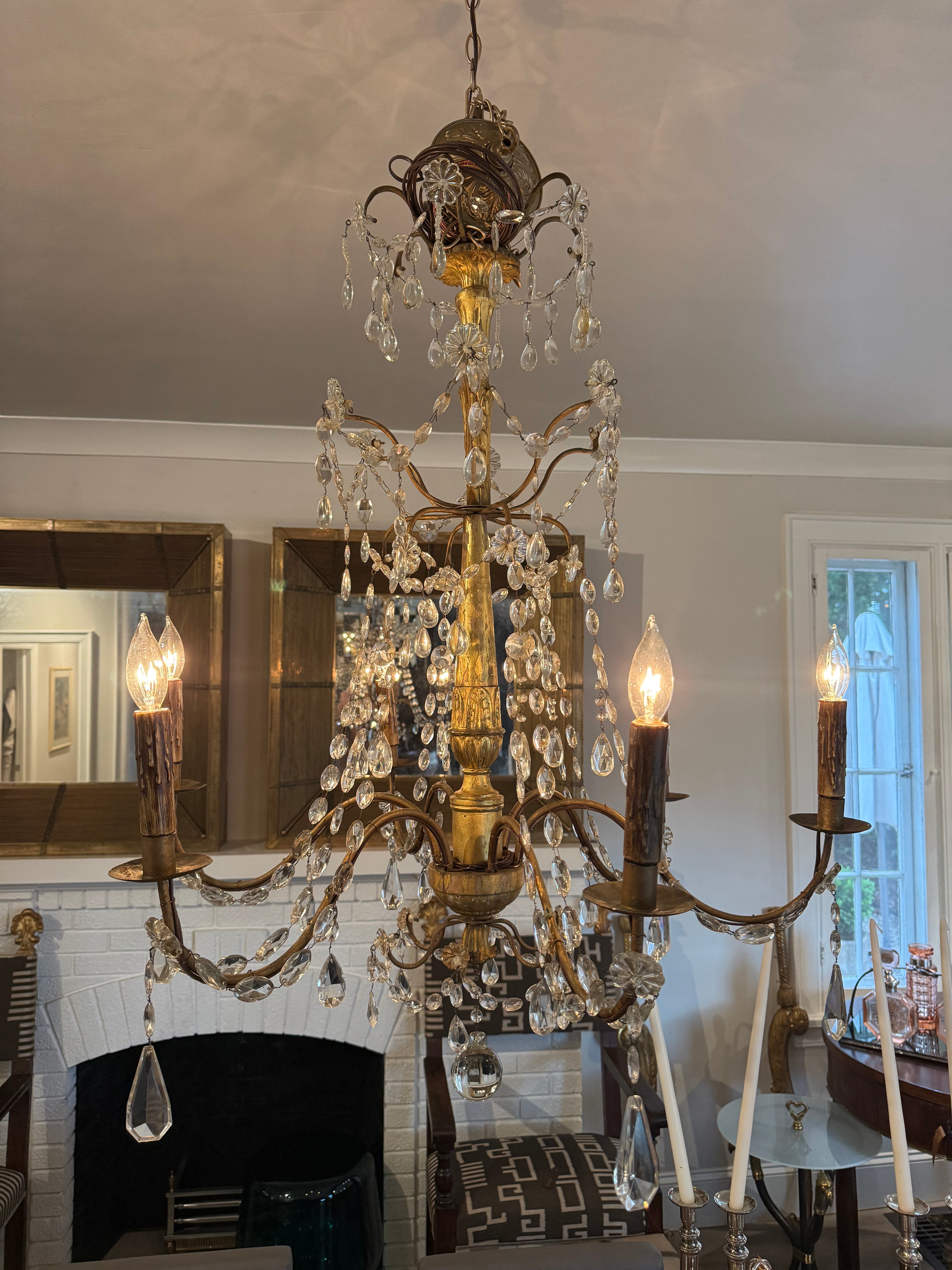 Italian Crystal And Wood Gilt Chandelier 19th Century