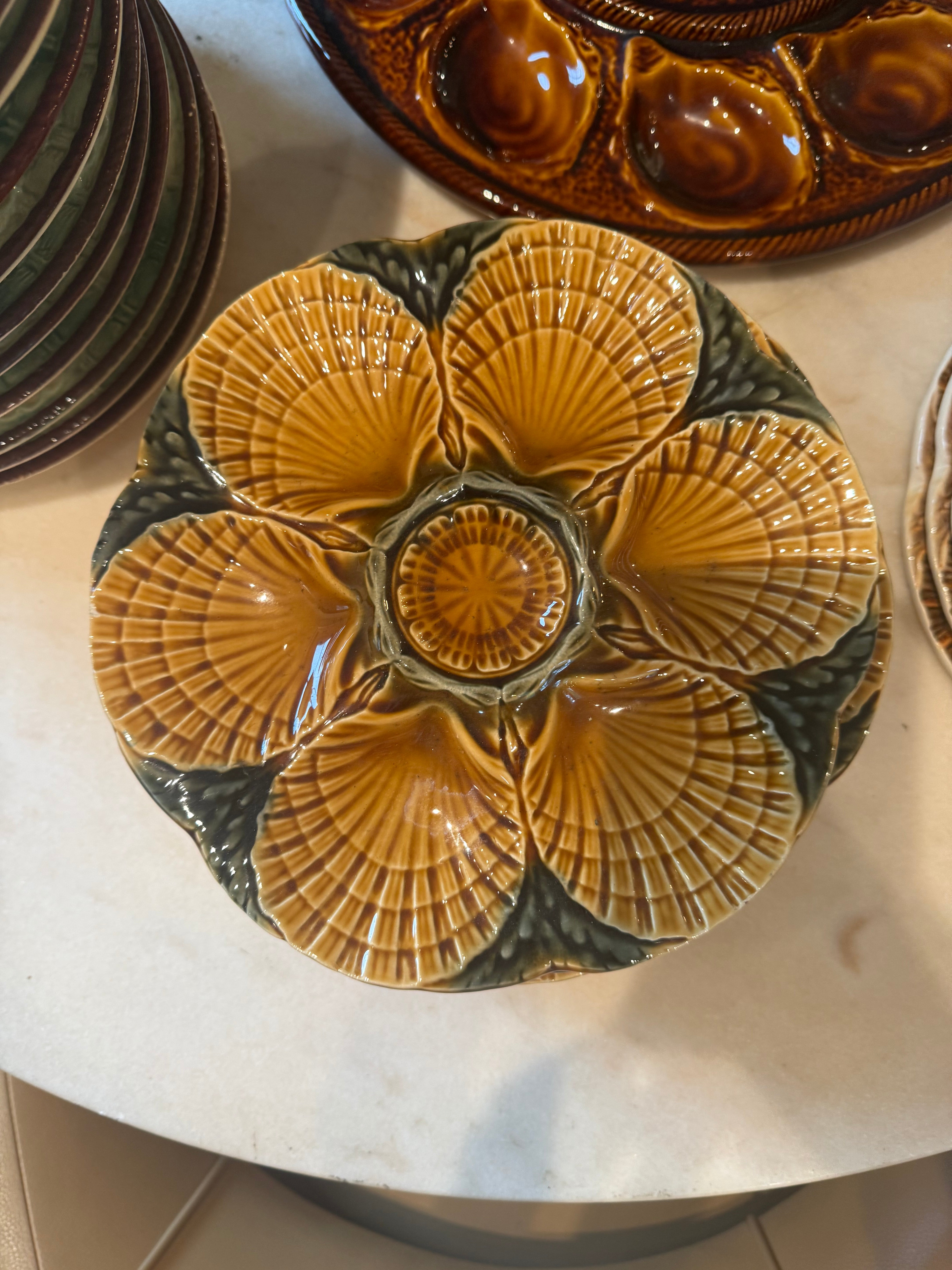 French Sarreguemines Oyster Plates - Golden Moss