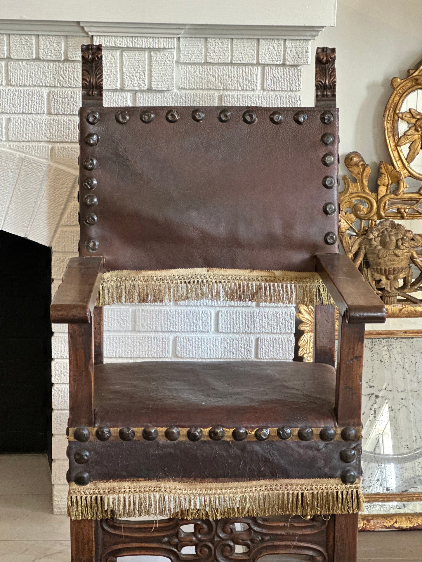 Italian Leather Chair with Fringe - 18th Century