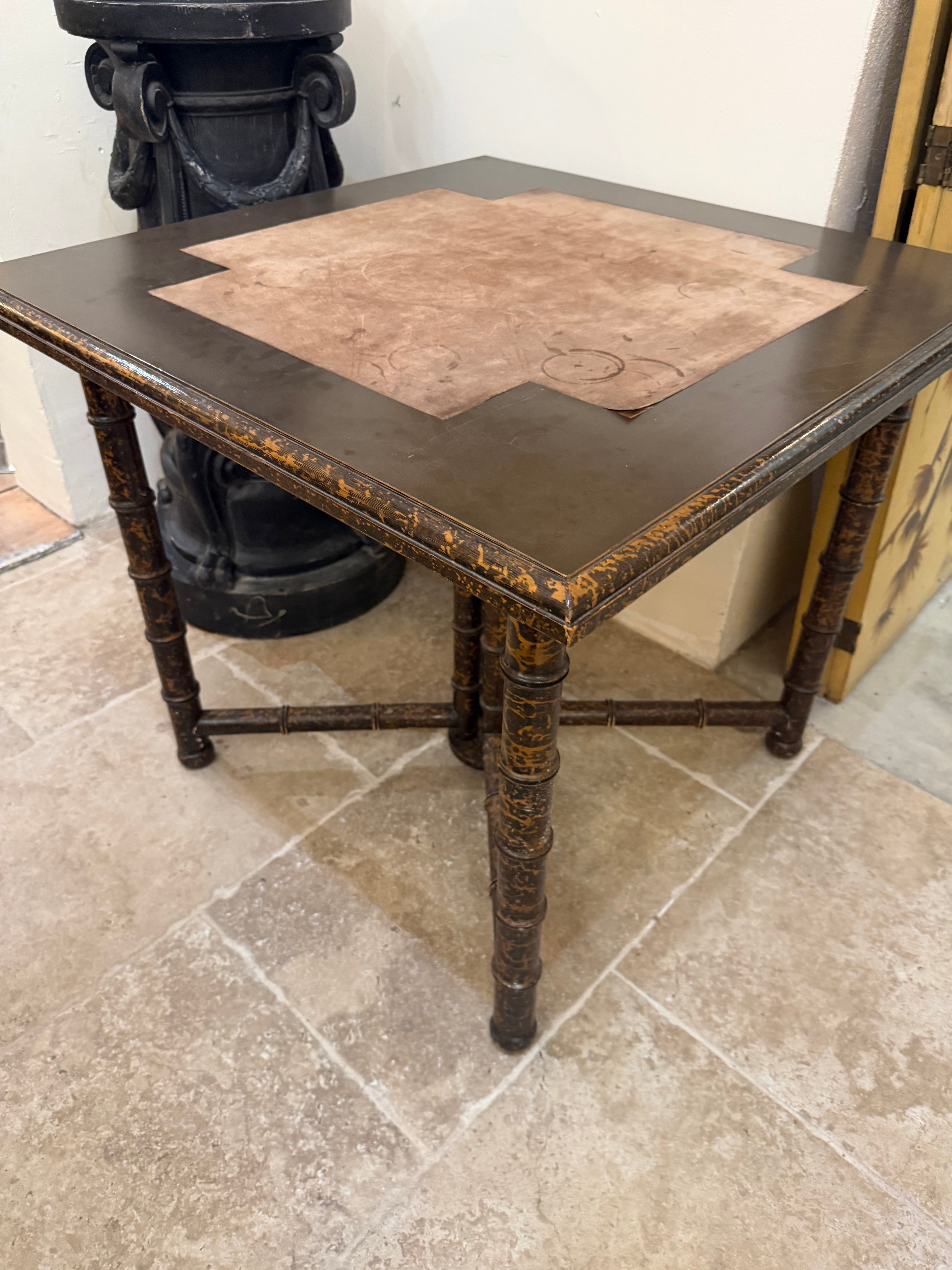 Bamboo Leather Top Game Table - France 1920s
