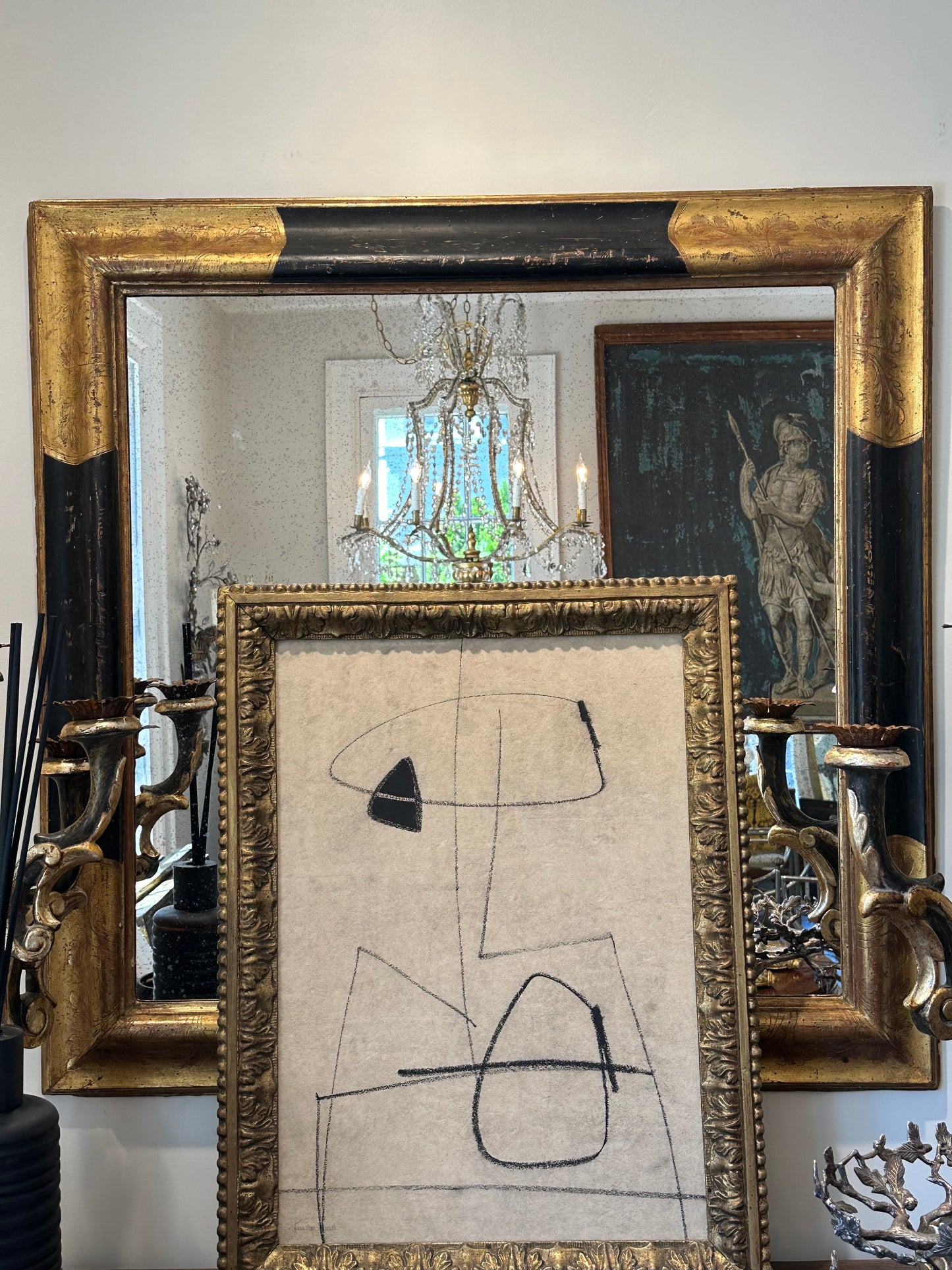 Italian Wooden Black and Gold  Square Gilt Mirror