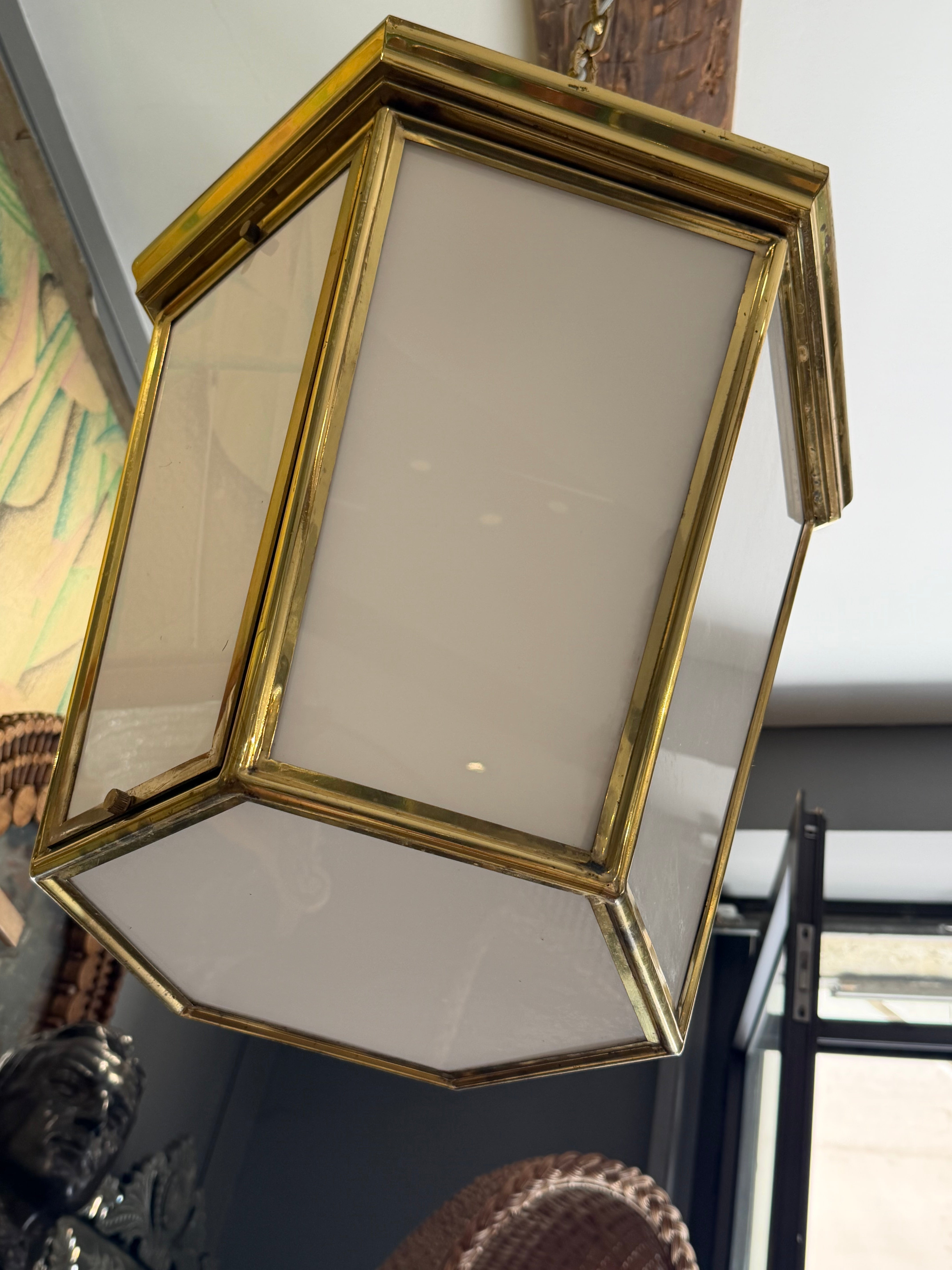 Midcentury Brass & Opaque Glass Lanterns - Italy
