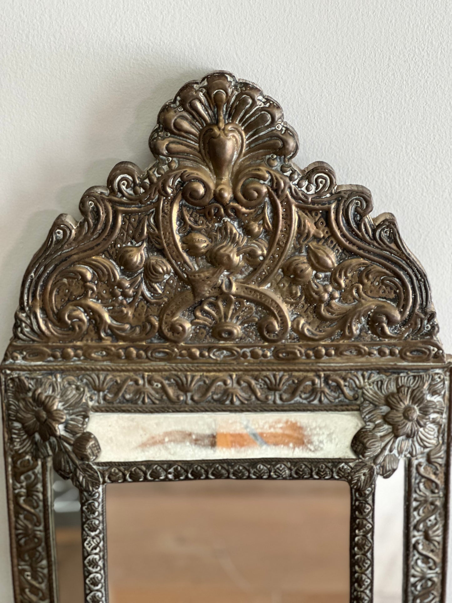 Hammered Brass French Small Mirror -c1850