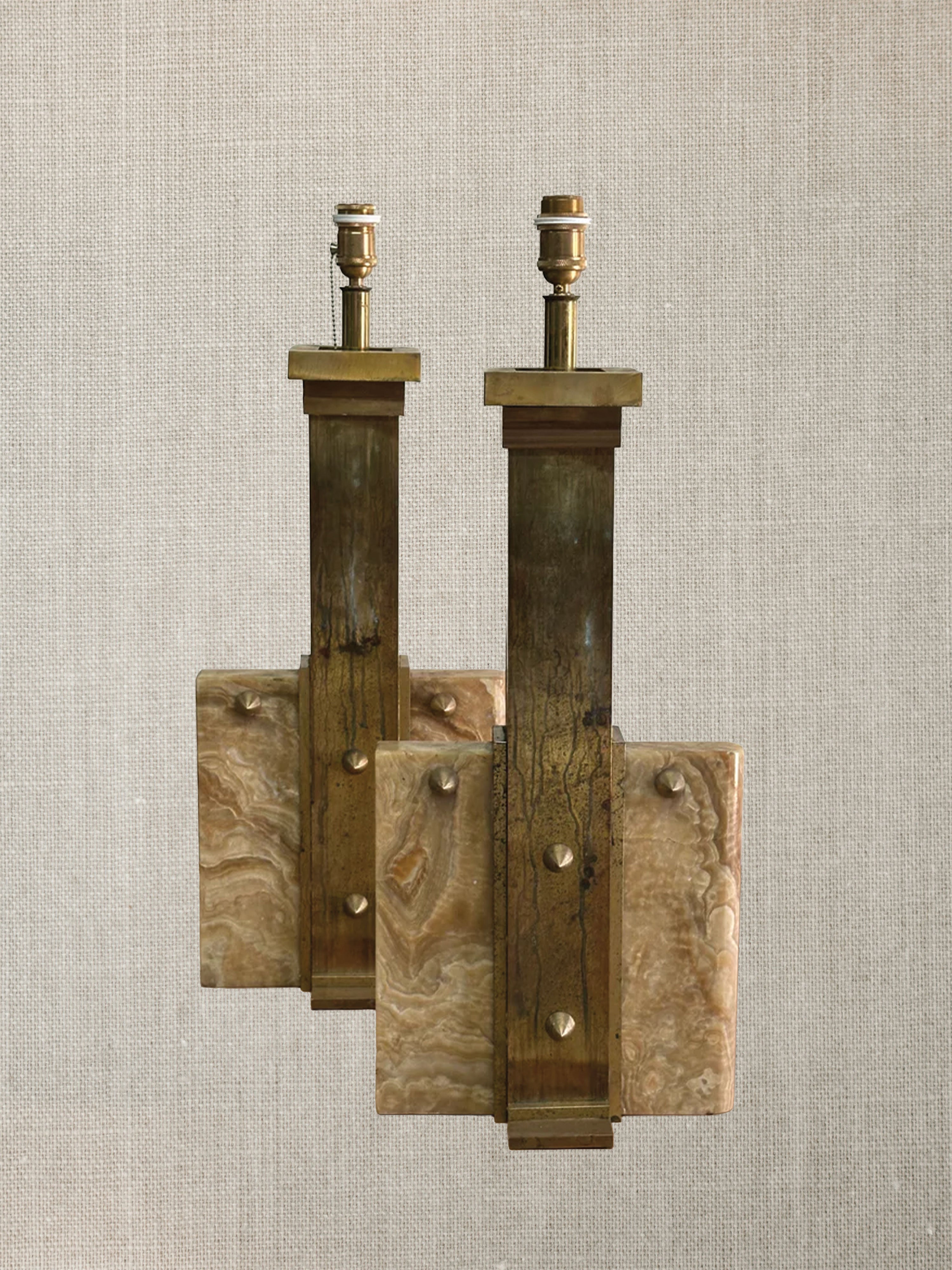 Italian  Midcentury Stone And Brass Studded Lamp