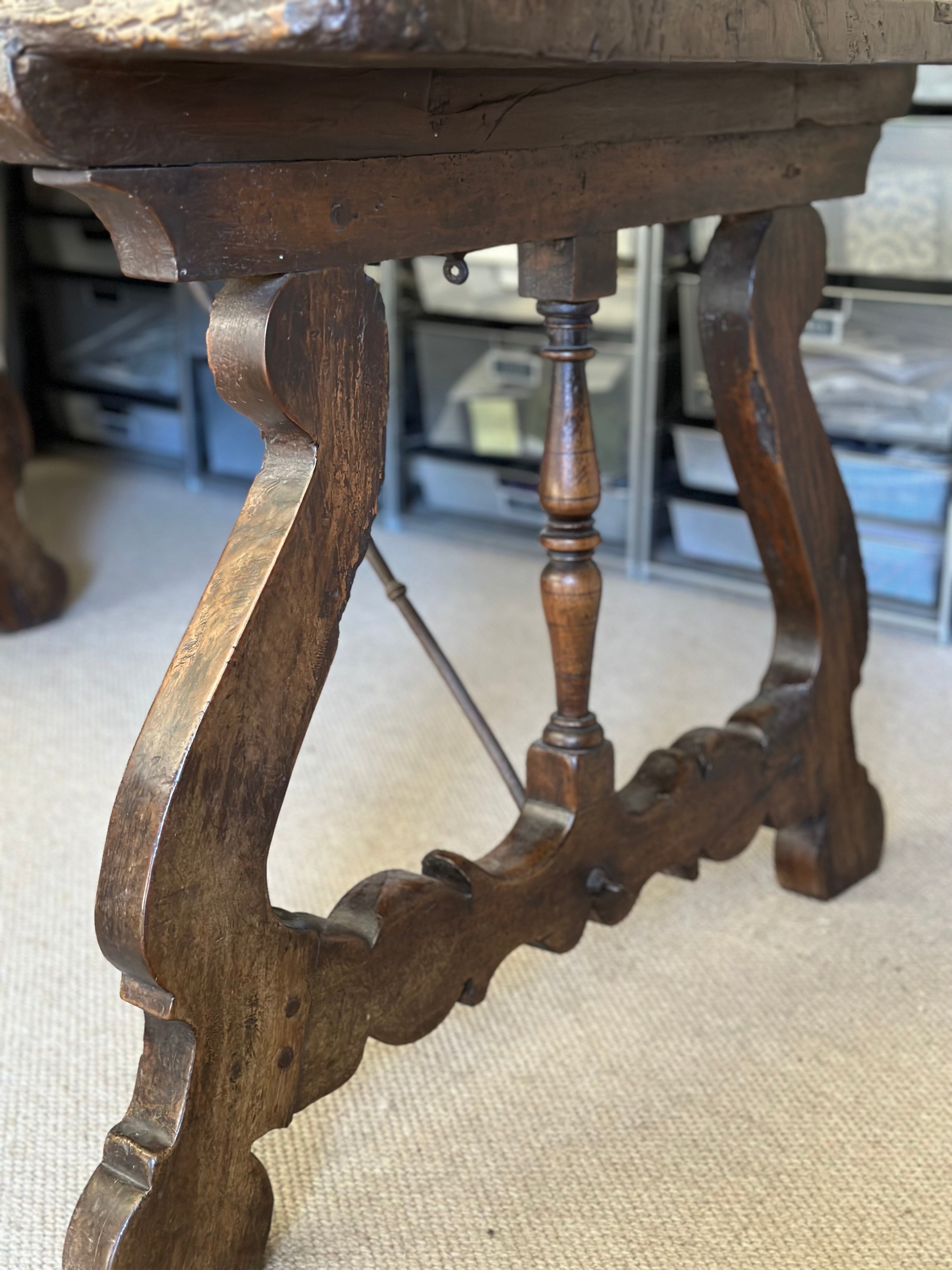 Italian Walnut Trestle Table With Iron Stretcher  c1780